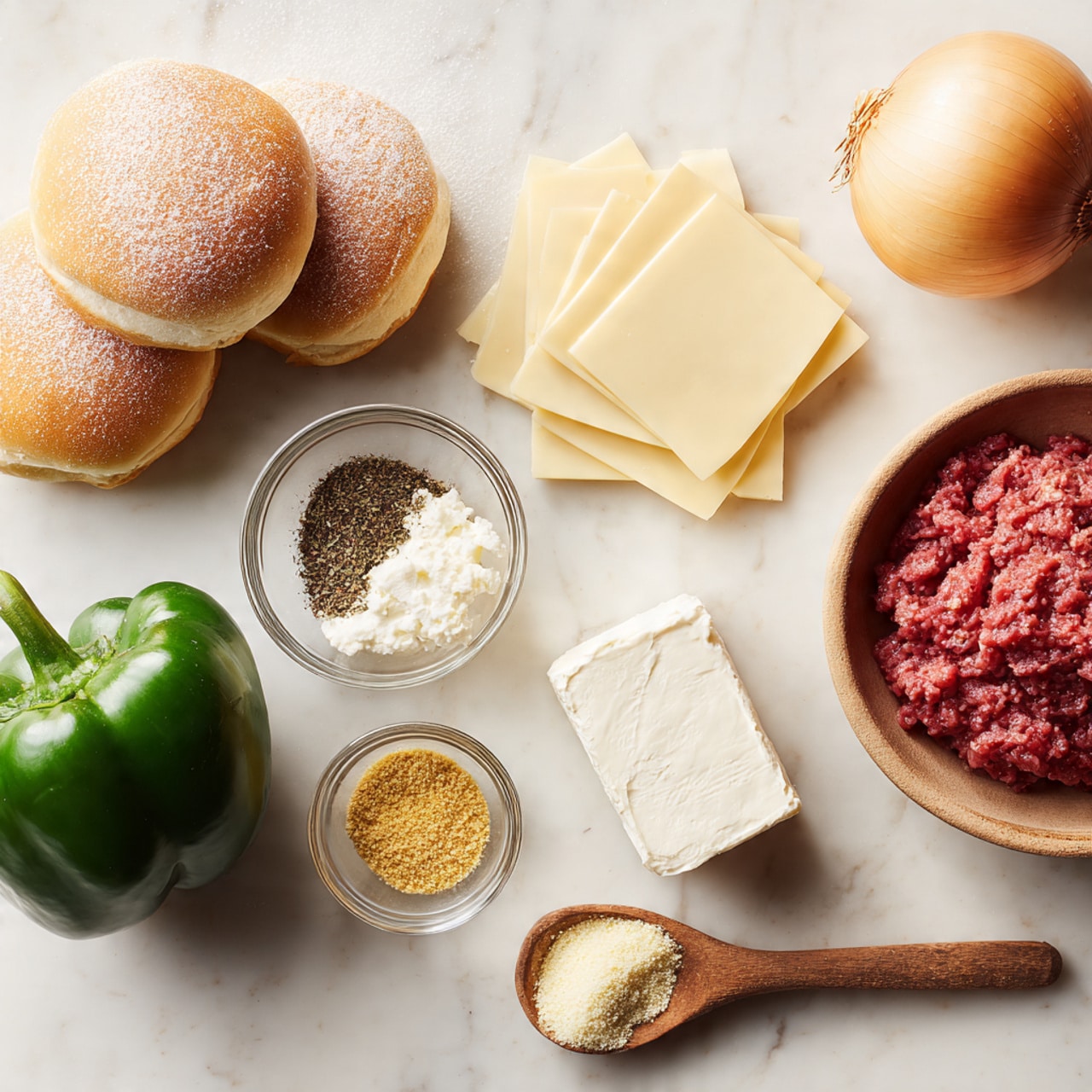 The image shows fresh ingredients arranged on a white marbled surface. There is a stack of four golden brown sandwich rolls on the left side with a light dusting of flour. Below the rolls is a whole shiny green bell pepper. Near the center are five thin slices of pale yellow cheese neatly stacked. To the right of the cheese is a round yellow onion with its skin intact. Just above the onion is a rectangular block of cream cheese with a smooth white surface, still in foil wrapping. Next to it is a small glass bowl filled with coarsely ground black pepper. Below the pepper bowl is a small wooden spoon holding a heap of yellow seasoning powder. Finally, on the far right is a clear glass bowl filled with bright red ground meat showing a coarse texture. A light pale yellow stick of butter rests near the onion. All items are evenly spaced in a single layer, photo taken with an iphone --ar 4:5 --v 7