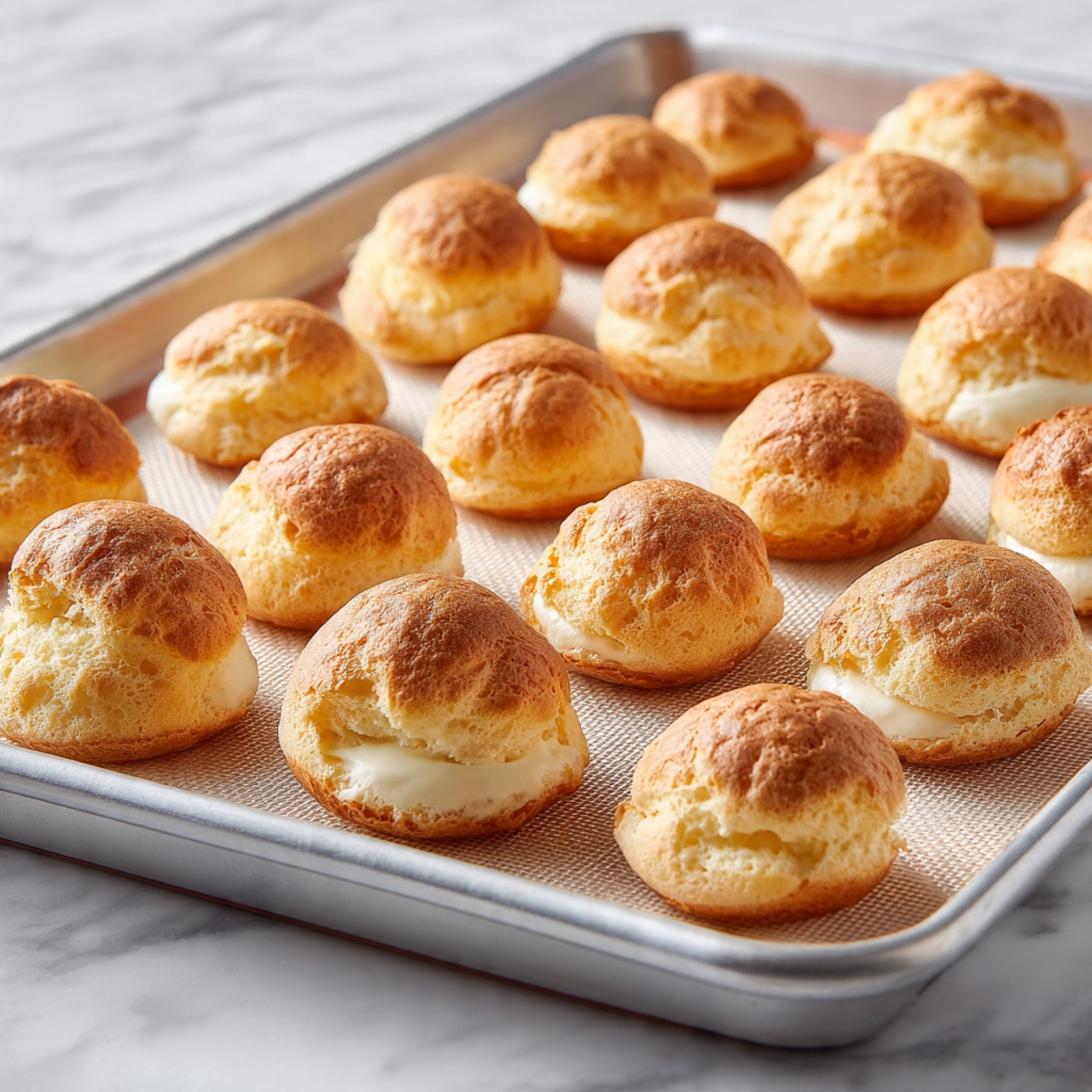 The image shows a metal baking tray with a white silicone baking mat on top, holding 20 small round cream puffs arranged in four rows of five. Each cream puff is golden brown with a slightly cracked, crispy surface and a light, airy texture. The tray is set on a white marbled surface, giving a clean and bright look. The cream puffs are evenly spaced and have a slightly puffed, hollow shape. photo taken with an iphone --ar 4:5 --v 7