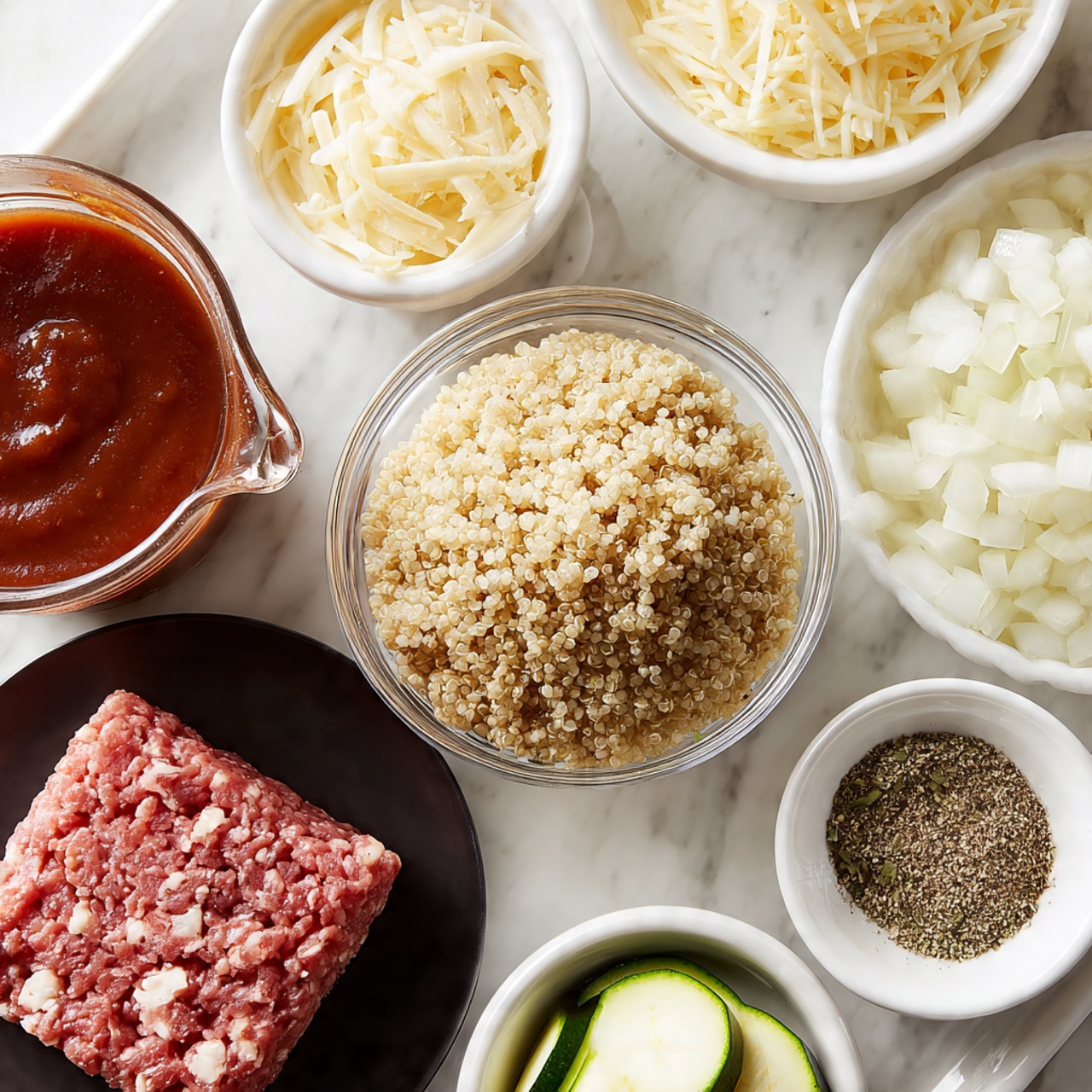 The image shows several small white bowls and a clear glass bowl with cooking ingredients arranged on a tray over a white marbled surface. There is one black plate holding a square shape of raw ground meat that is reddish with marbled white spots. The clear glass bowl in the center holds light brown cooked quinoa with a grainy texture. Around it, the white bowls hold shredded pale yellow cheese, a dense white creamy cheese mixture, small diced white onions, finely grated pale cheese, and a mix of white and black specks, likely salt and pepper. There is also a small white bowl containing mixed dried herbs and spices, and a clear measuring cup with a rich dark red tomato sauce. Lastly, a white bowl partially shows green and white sliced zucchini pieces. Photo taken with an iphone --ar 4:5 --v 7