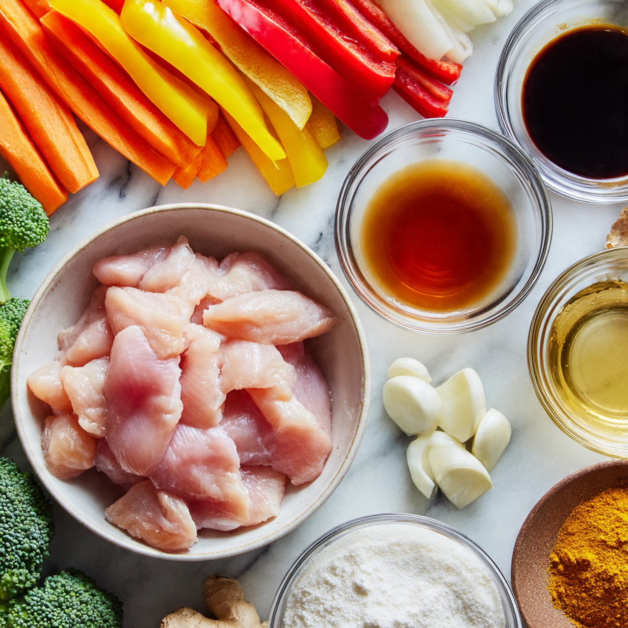 In the image, there is a white bowl filled with several pieces of raw light pink chicken thighs in the center. Around the bowl, there are colorful vegetable slices: bright orange carrot sticks on the left, green broccoli florets on the left behind the carrots, and sliced bell peppers in red, yellow, and white behind the bowl. To the right, there are clear glass bowls holding dark soy sauce, amber-colored honey or syrup, a reddish-brown sauce, and white powdery cornstarch. Scattered near these bowls are chopped white and light green onion pieces, whole peeled garlic cloves, and a whole piece of light brown ginger root. All items rest on a white marbled surface. The photo taken with an iphone --ar 4:5 --v 7