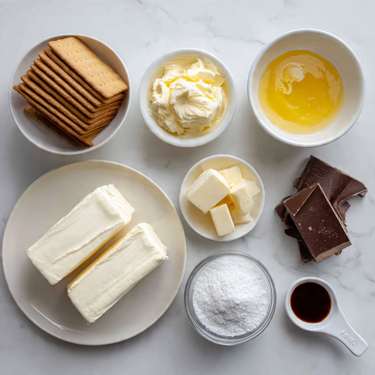 A top view of ingredients arranged neatly on a white marbled surface showing a bowl with stacked rectangular light brown graham crackers on the top left, a small white bowl with light yellow melted butter with some solid parts near the top right, a white plate in the center holding two thick blocks of white cream cheese side by side, a small white bowl containing two chunks of pale butter near the bottom center, a small white bowl with two pieces of brown chocolate on the bottom right, a clear bowl filled with white powdered sugar on the middle left, a small container of salt next to it, and a white measuring spoon holding dark vanilla extract on the far right, all items spaced with clear visibility photo taken with an iphone --ar 4:5 --v 7
