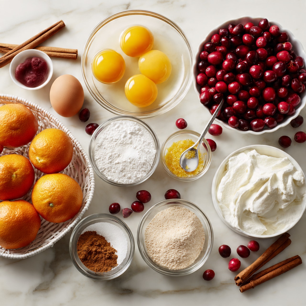 The image shows a white marbled surface with various clear glass bowls and a white basket filled with fresh whole oranges and red cranberries. The bowls contain different ingredients arranged neatly: bright red whole cranberries in one bowl, three raw eggs in another bowl with yellow yolks visible, a bowl with white fluffy whipped cream, another with light beige ground almonds with a small silver spoon, a bowl with orange zest, one with white powdered sugar, a bowl with granulated white sugar, and small bowls with light brown and dark brown spices. There are also two cinnamon sticks placed on the surface and scattered cranberries and orange halves for decoration. Photo taken with an iphone --ar 4:5 --v 7
