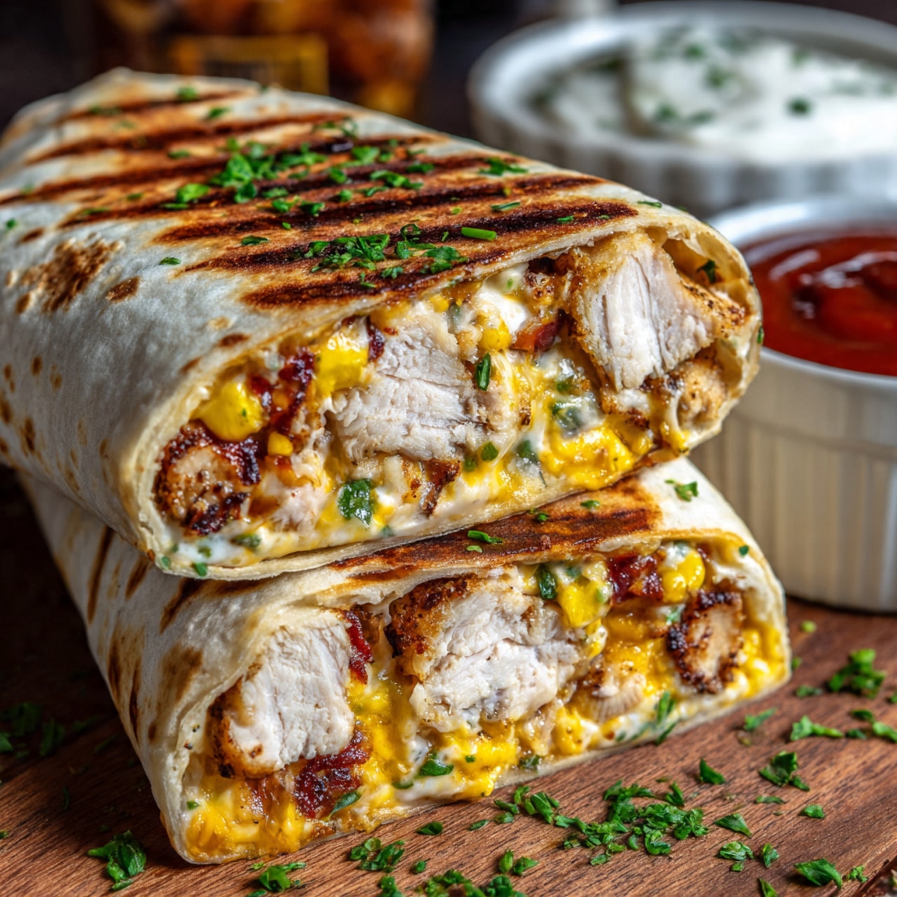 A close-up of two grilled wraps stacked on each other on a wooden surface with green herb sprinkles on top and around. Each wrap has a toasted, golden-brown exterior filled with visible layers including white pieces of chicken, melted light yellow cheese, small bits of red pepper, and scattered green herbs inside. In the background, there is a small white bowl with red sauce. The photo is taken with an iphone --ar 4:5 --v 7