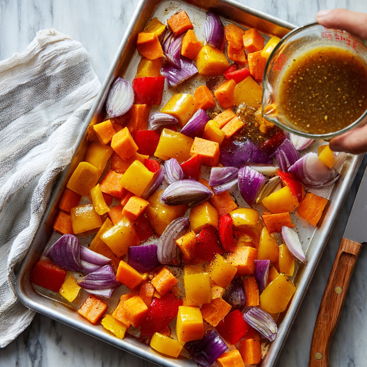 A silver baking tray filled with large chunks of colorful vegetables, including bright yellow, orange, and red bell peppers and purple onion pieces, spread evenly across the tray. A woman's hand pours a brown sauce with visible small garlic bits from a clear glass measuring cup over the vegetables. The tray sits on a white marbled surface next to a white and gray striped cloth on the left and a knife with a light wooden handle on the right. The lighting is bright, highlighting the fresh and shiny textures of the vegetables. photo taken with an iphone --ar 4:5 --v 7