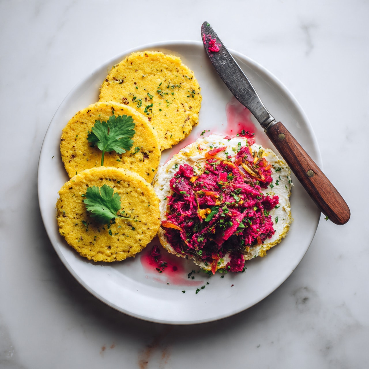 A white plate with three round golden crackers arranged in a curved line on the left side, topped with a small green cilantro leaf. To the right, there is a creamy white cheese layer with a chunky, vibrant red and purple beet relish mixture on top, featuring visible small pieces of beet and herbs. A silver knife with a wooden handle rests on the plate, spreading the cheese and beet mixture, with some of the bright red juice pooling slightly on the white plate. The plate is placed on a white marbled surface photo taken with an iphone --ar 4:5 --v 7