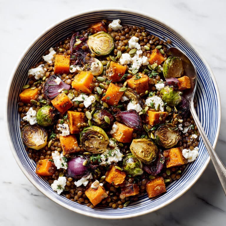 Roasted Veggie Lentil Salad with Maple-Mustard Dressing, Goat Cheese, and Toasted Pumpkin Seeds Recipe