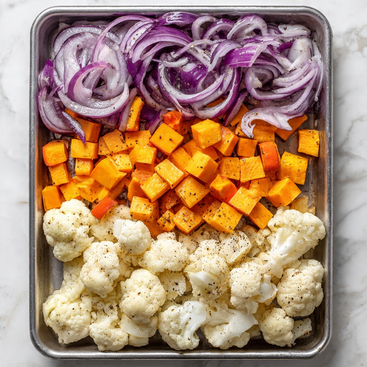 A metal tray holds three layers of vegetables arranged side by side in neat sections. The top layer is thin, curly slices of purple and white red onions with a slightly glossy texture. Below that is a layer of small orange cubes of sweet potatoes with a firm texture. The bottom layer consists of white cauliflower florets, some larger and some smaller, speckled lightly with black pepper. The tray rests on a white marbled surface. photo taken with an iphone --ar 4:5 --v 7