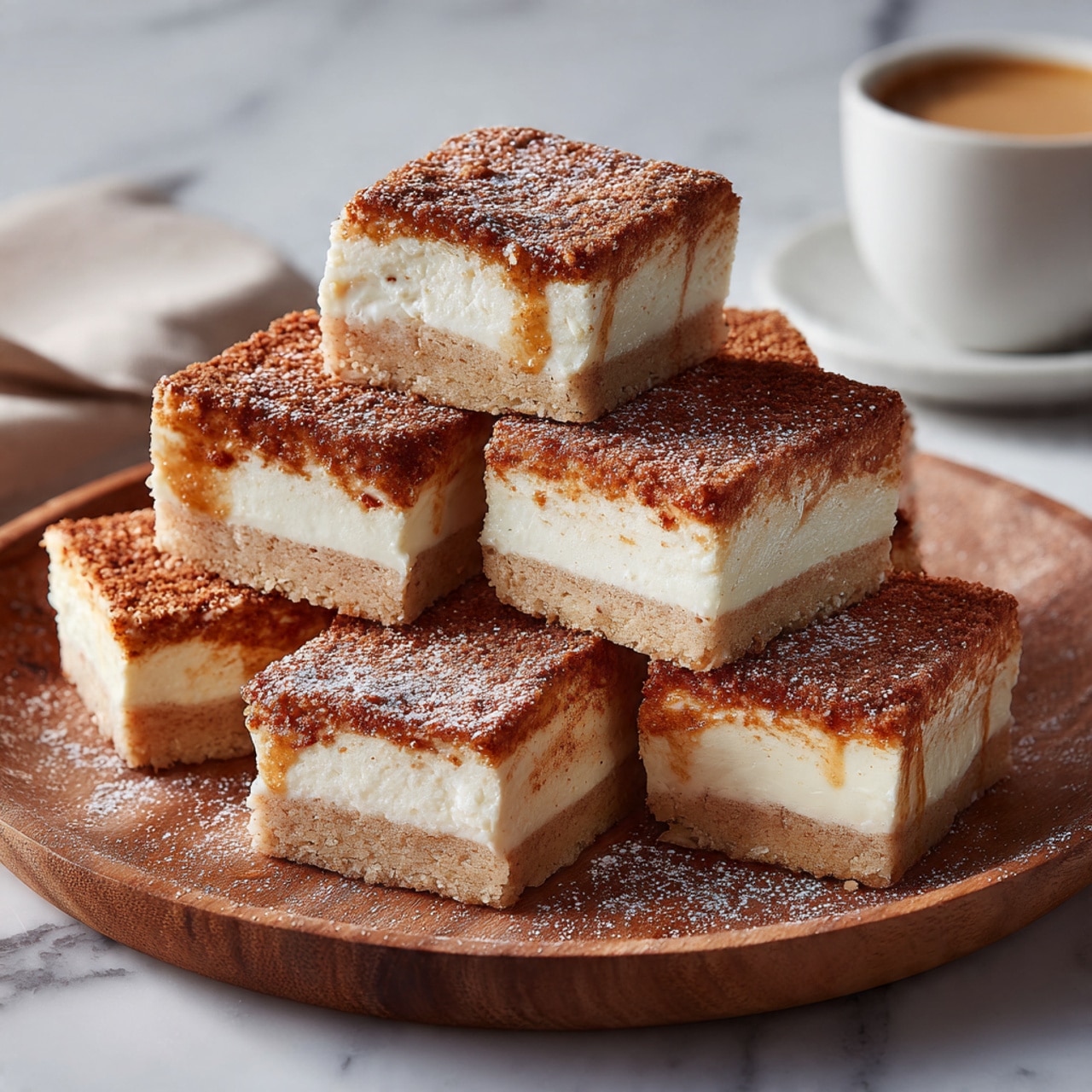 The image shows a stack of seven square dessert bars arranged in a pyramid shape on a round wooden tray placed on a white marbled surface. Each bar has three layers: a bottom crust layer in light beige, a thick middle layer of white creamy filling, and a top layer covered with a golden-brown cinnamon sugar topping that looks slightly caramelized with some sticky drips down the sides. A light dusting of powdered sugar is sprinkled over the top, adding texture and contrast. In the background, there is a blurred white cup holding a light brown liquid. Photo taken with an iphone --ar 4:5 --v 7