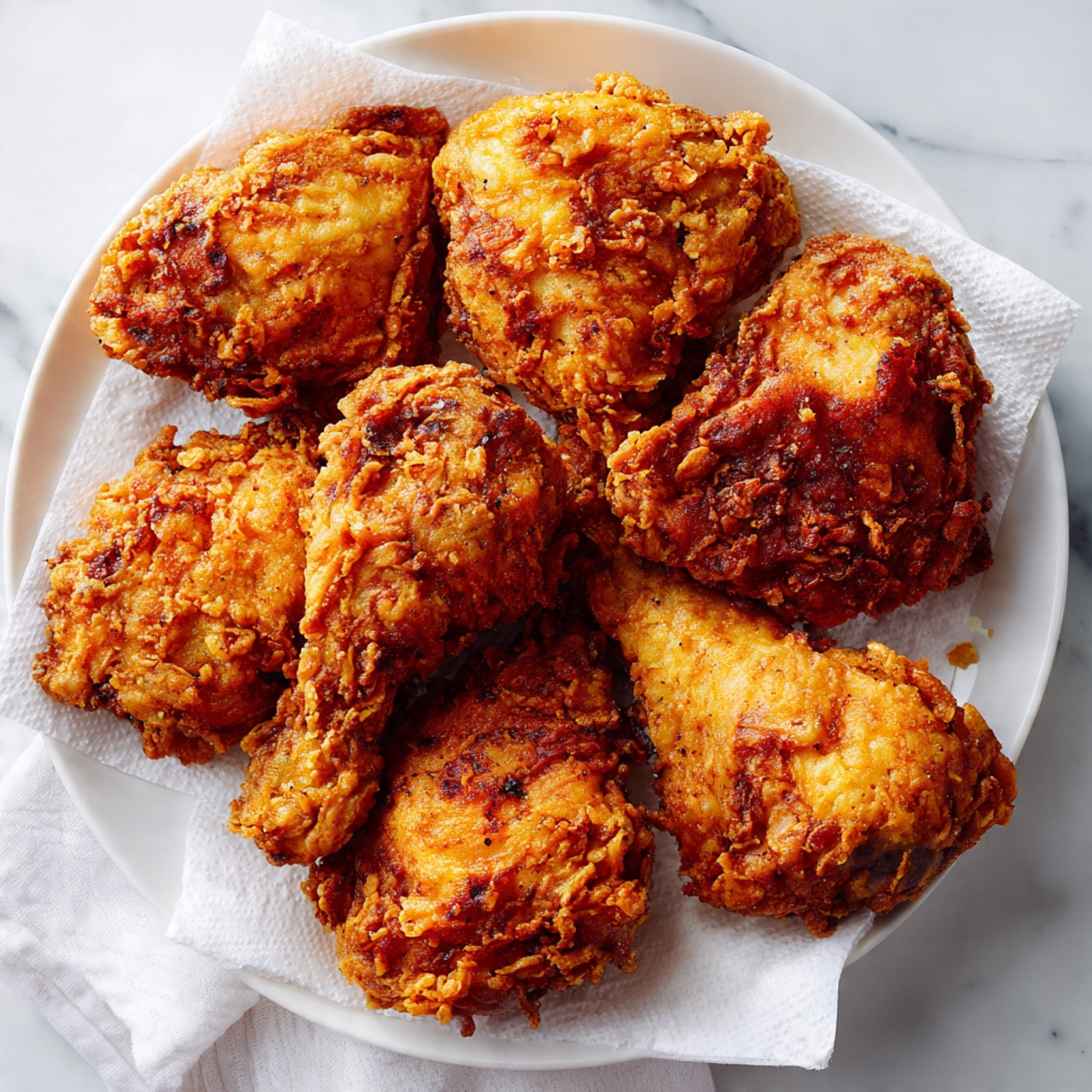 A white plate lined with a paper towel holds seven pieces of fried chicken with a rough, crunchy golden brown crust. Each chicken piece shows different shades of deep golden and darker brown where it is more cooked, with flakes and textured bits all over the skin. The chicken pieces are arranged closely but not stacked, sitting on a white marbled surface with some greens blurred in the background. photo taken with an iphone --ar 4:5 --v 7