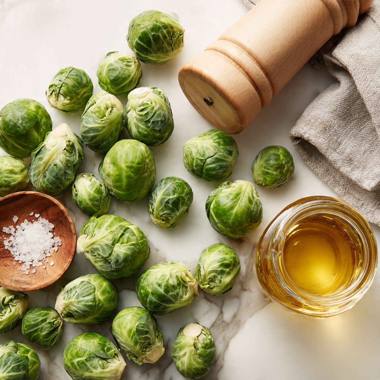 A large group of green Brussels sprouts scattered across a white marbled surface, with their round shapes and leafy textures clearly visible. In the lower left corner, there is a small wooden plate with coarse salt next to a clear glass jar filled with golden oil, both resting on the same white marbled surface. Towards the upper right, a light beige wooden pepper grinder sits, and nearby, a folded gray cloth napkin is partially in view. The overall layout is bright and neat, showing fresh ingredients ready for preparation photo taken with an iphone --ar 4:5 --v 7