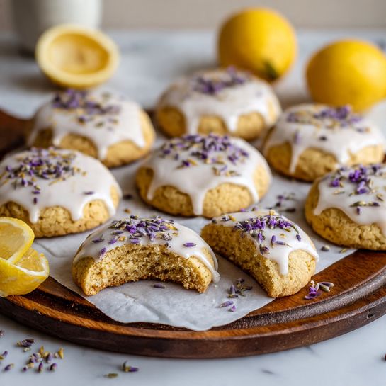 The image shows soft, round cookies arranged on a dark wooden board covered with white parchment paper, placed on a white marbled surface. Each cookie is light golden in color and has white icing drizzled on top, with small purple lavender flower pieces sprinkled over the icing. One cookie in the center has a bite taken out of it, showing a soft, crumbly inside. Around the board are halved bright yellow lemons, adding a fresh touch. The scene is bright and clean, with the cookies and lemons softly focused in the background. photo taken with an iphone --ar 4:5 --v 7