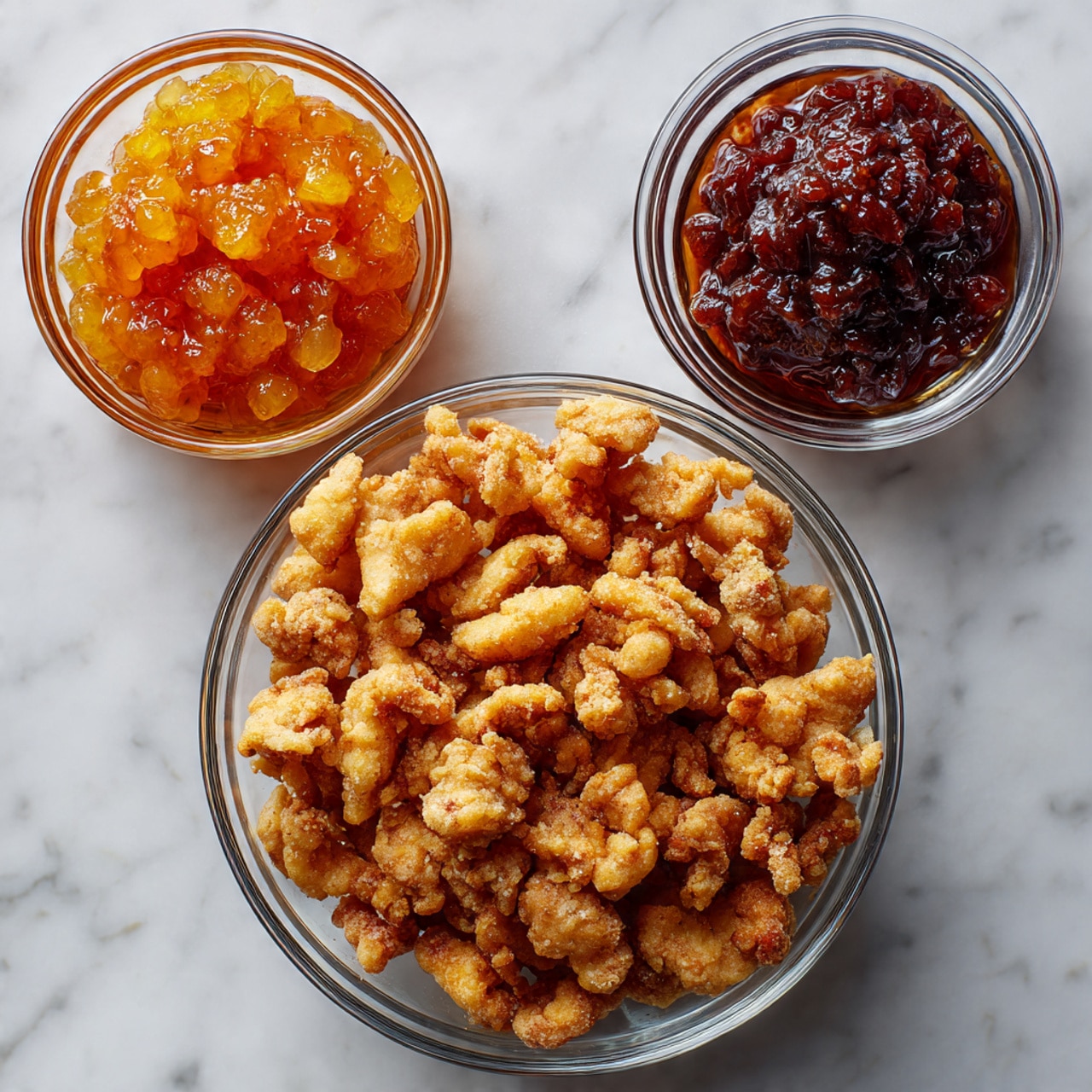 A clear round bowl full of small golden brown crispy fried chicken pieces sits in the bottom center of the image on a white marbled surface. Above it, there are three small clear glass bowls arranged in a triangle; the left bowl contains bright orange chunky sauce with a jelly-like texture, the right bowl has a smooth dark brown sauce, and the middle bowl holds a thick dark reddish-brown sauce. The colors and textures create a nice contrast on the clean white marbled background. photo taken with an iphone --ar 4:5 --v 7