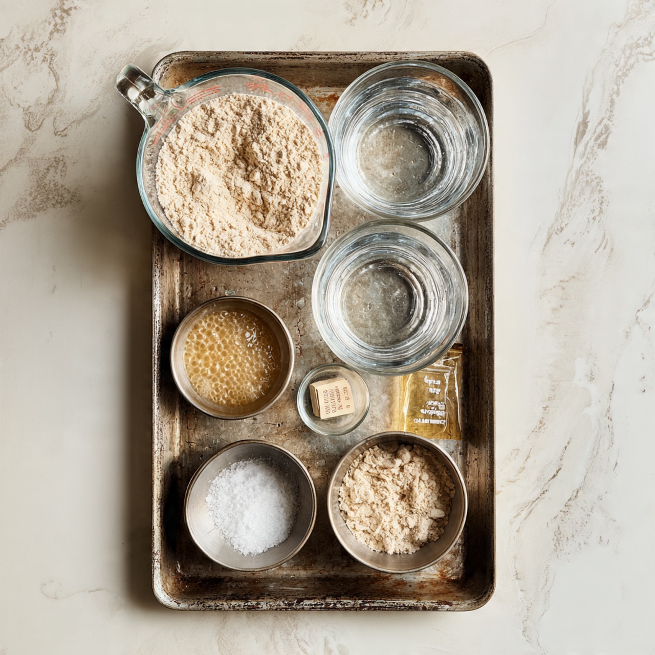 The image shows a metal tray on a white marbled surface with clear glass measuring cups and small bowls arranged neatly, each containing different ingredients. On the top left, there is a large glass measuring cup filled with light tan bread flour, next to it on the right is a smaller glass measuring cup with clear water. Below them, a small glass bowl holds a bubbly creamy starter with a rough texture. There are three small metal bowls at the bottom: one with white granulated sugar, one with fine white salt, and one with clear vegetable oil. A small packet of active yeast lies on the tray between the water and sugar bowls. All the containers sit on the tray in an orderly way, showing the clear separation of each ingredient. The background is a white marbled texture. Photo taken with an iphone --ar 4:5 --v 7