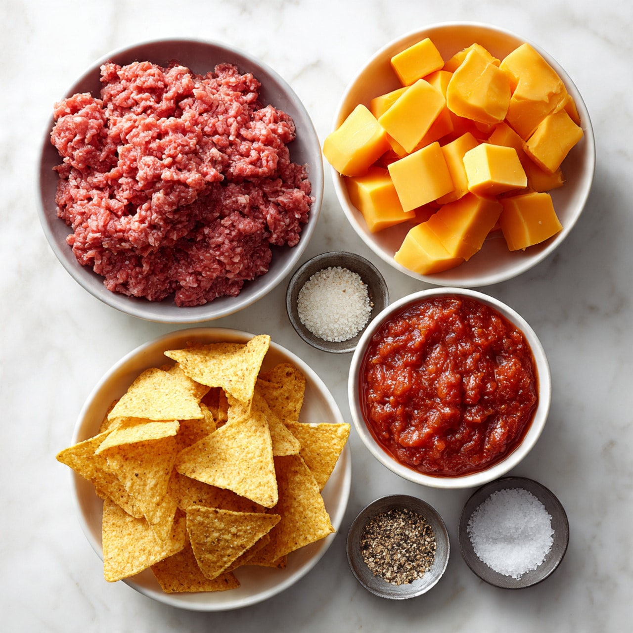 There are five white bowls on a white marbled surface. The top left bowl holds a mound of raw ground beef that is pinkish red with a coarse texture. To its right, a bowl is filled with evenly cut cubes of orange cheddar cheese stacked loosely. Below the beef, a bowl contains several yellow triangular tortilla chips with a rough, crispy texture. In the bottom right, a bowl is filled with chunky red salsa that looks thick and slightly glossy. Between the chips and salsa, two small bowls hold seasonings; one with a mix of black pepper and coarse salt and the other with just coarse salt. The bowls are arranged in a loose cluster, shot from above, all visible clearly with soft lighting. Photo taken with an iphone --ar 4:5 --v 7