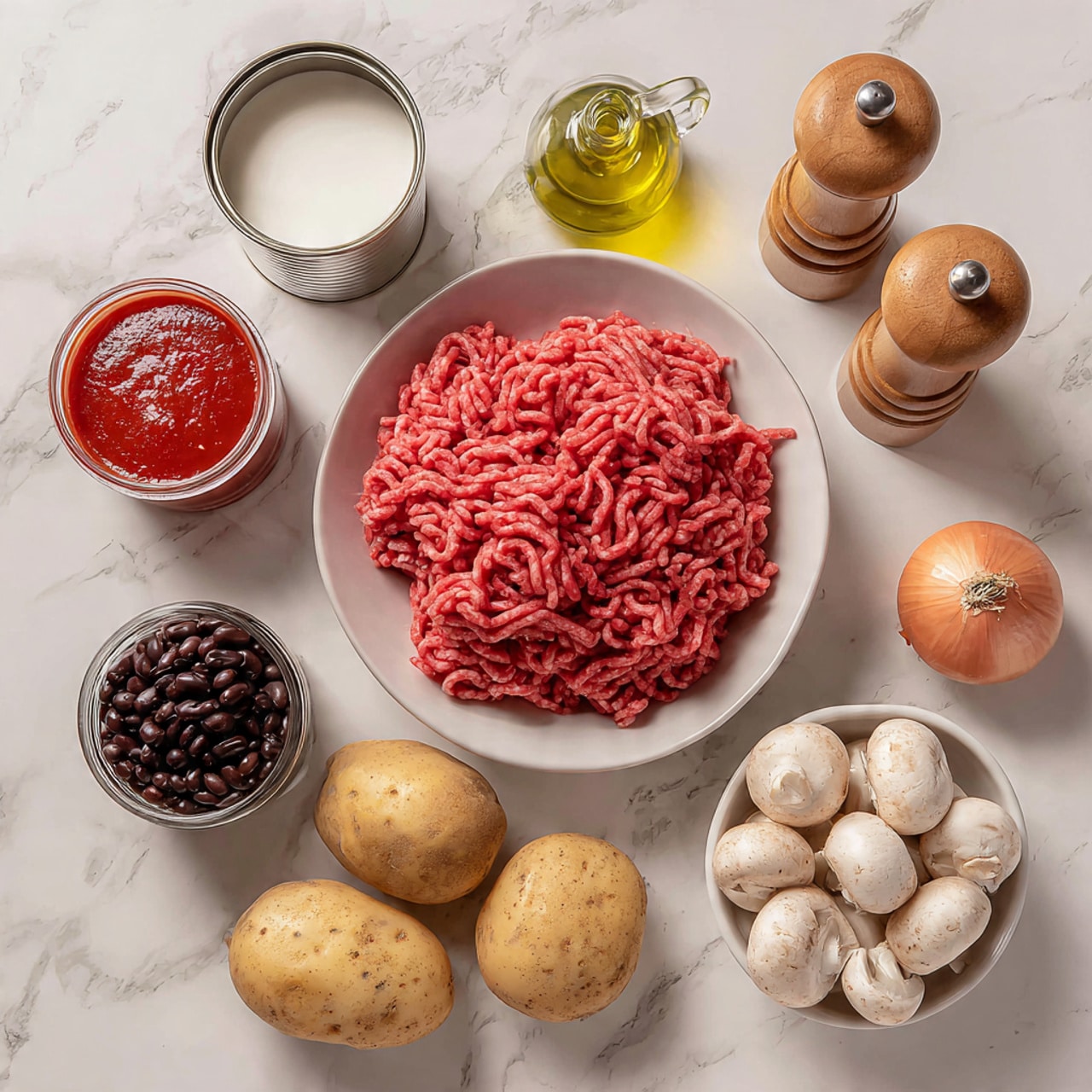 The image shows a white bowl in the center filled with raw ground beef that is bright red and has a soft, chunky texture. To the bottom right of the bowl is a white bowl full of small, round white mushrooms with smooth caps. Below the bowl of beef, there are four light brown potatoes with rough skin placed close together. To the bottom left, there is an open can of black beans with dark, shiny beans inside. Above the beans is a jar of bright red marinara sauce with visible tomato chunks. To the top left, there is an open can showing thick white coconut milk. Next to the coconut milk, two small glass spice jars are placed side by side, labeled coriander and cayenne. At the top center, a small glass bottle of greenish-yellow olive oil with a cork stopper is seen. To the top right, there are wooden salt and pepper shakers that look smooth and polished. Near the shakers, a whole garlic bulb and a round light brown onion are placed on the white marbled surface alongside the other ingredients photo taken with an iphone --ar 4:5 --v 7