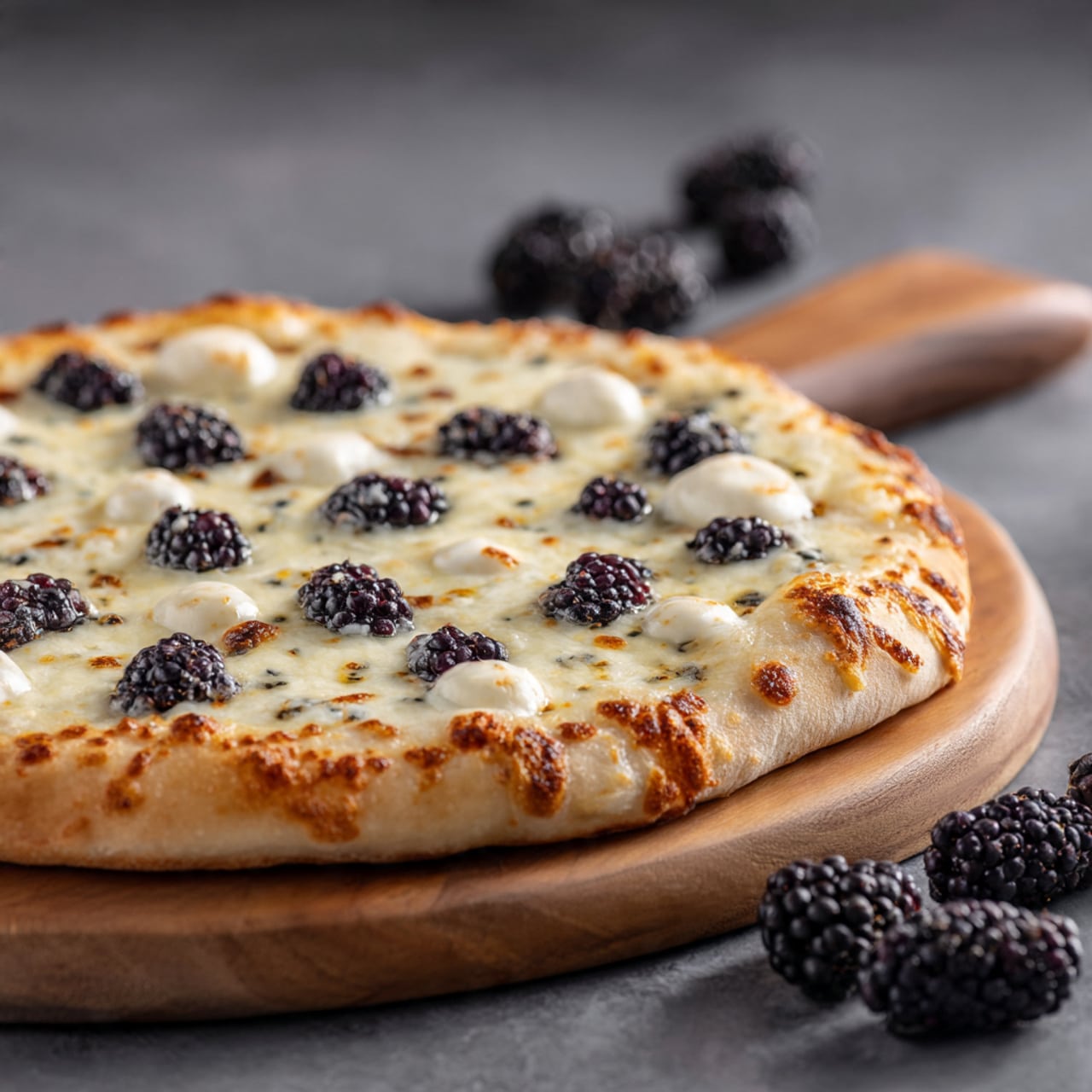 A round pizza with a golden-brown crust sits on a wooden cutting board. The first layer is melted white cheese covering the entire surface. On top, there are spots of creamy white dollops spread evenly across the pizza. Scattered throughout are many blackberries, their dark purple color contrasting with the cheese. Around the cutting board, several loose blackberries add to the arrangement. The crust is slightly puffed and golden, with some small brown spots from baking. The texture of the cheese appears smooth and slightly bubbly. Photo taken with an iphone --ar 4:5 --v 7
