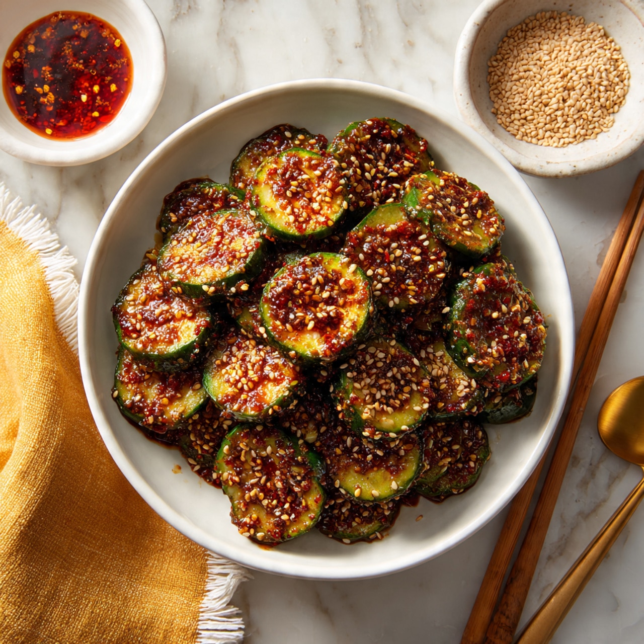 In a white bowl on a white marbled surface, there are many thin round slices of cucumber mixed with a bright orange-red chili sauce that has visible small chili flakes. The cucumbers are shiny, and the sauce is spread unevenly over them and smeared around the inside edges of the bowl. A white spoon with the same sauce on it rests inside the bowl among the cucumber slices. Photo taken with an iphone --ar 4:5 --v 7