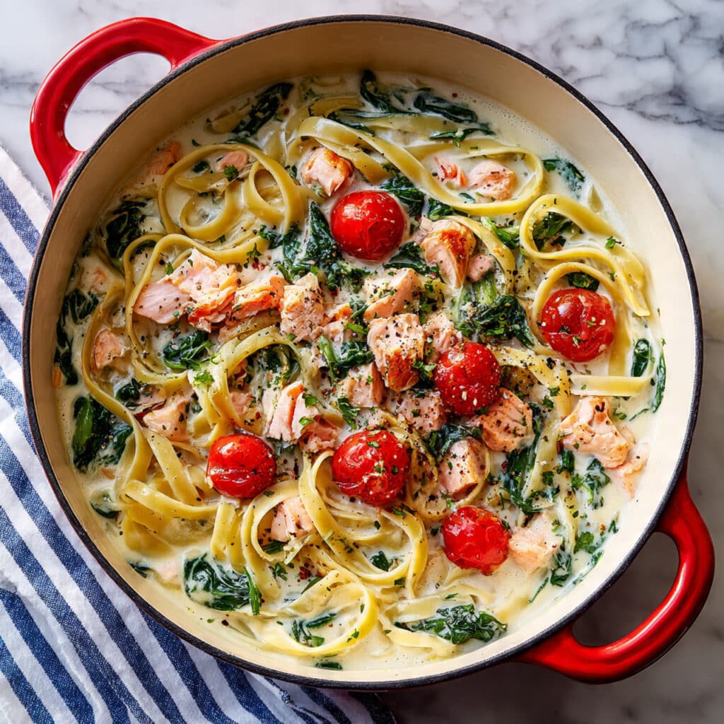 Creamy Salmon Pasta with Roasted Tomatoes and Spinach Recipe