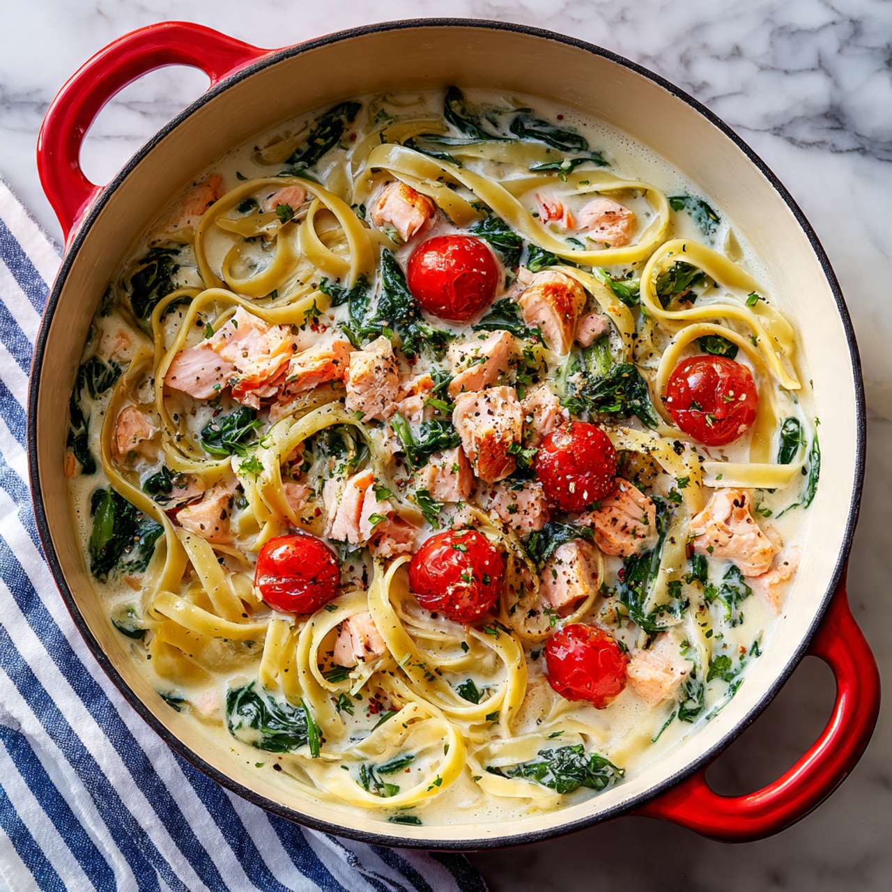 Creamy Salmon Pasta with Roasted Tomatoes and Spinach