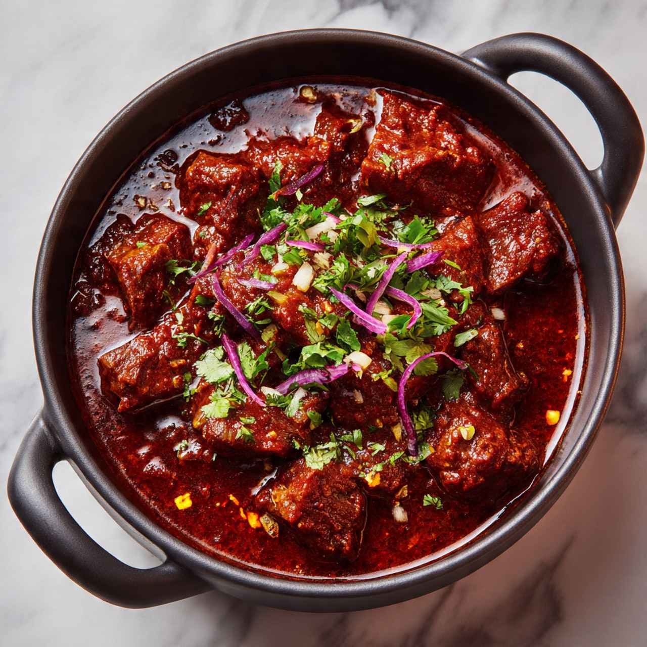The image shows a close-up of a rich, thick curry in a dark pot, filled with large pieces of tender meat coated in a smooth, reddish-brown sauce. The sauce has a glossy texture with visible oil on top, and is mixed with small bits of herbs and finely chopped onions, adding pops of green and purple color. The meat pieces are irregular but chunky, slightly browned, and all submerged or partially covered by the sauce. The pot and sauce contrast with the white marbled surface below. photo taken with an iphone --ar 4:5 --v 7