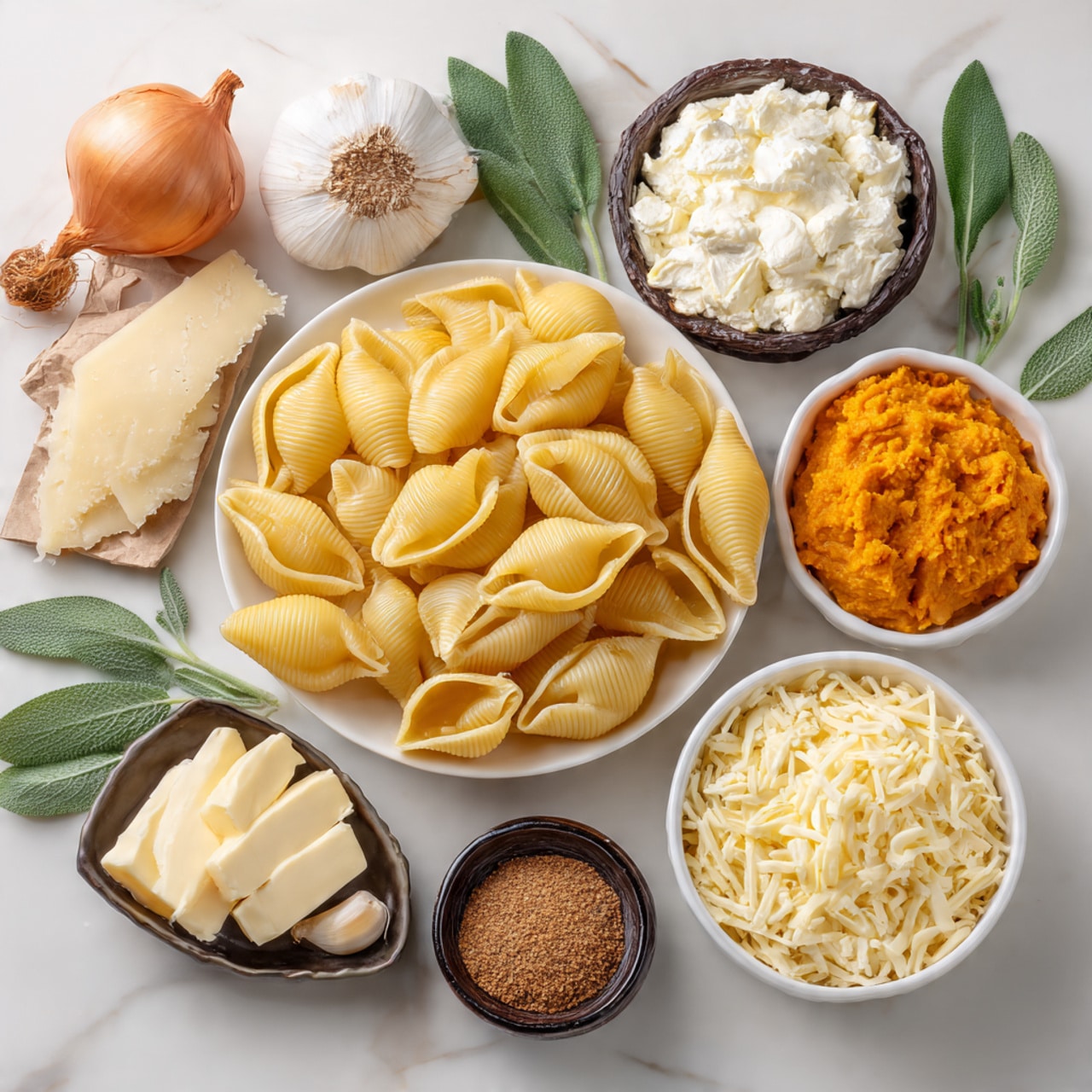 The image shows different cooking ingredients placed on a white marbled surface, arranged neatly. In the center is a white plate filled with large, yellow pasta shells. Around it, there are various small bowls and ingredients: a dark bowl with soft white cheese, a white bowl with orange pumpkin puree, a white bowl filled with shredded cheese, and another dark bowl with a chunk of butter. There is a small dark bowl with a brown spice, a small dark bowl with white powder, a whole onion, a bulb of garlic, and slices of cheese with specks inside on the left. Fresh green sage leaves are scattered throughout the scene, adding a touch of natural green color. photo taken with an iphone --ar 4:5 --v 7