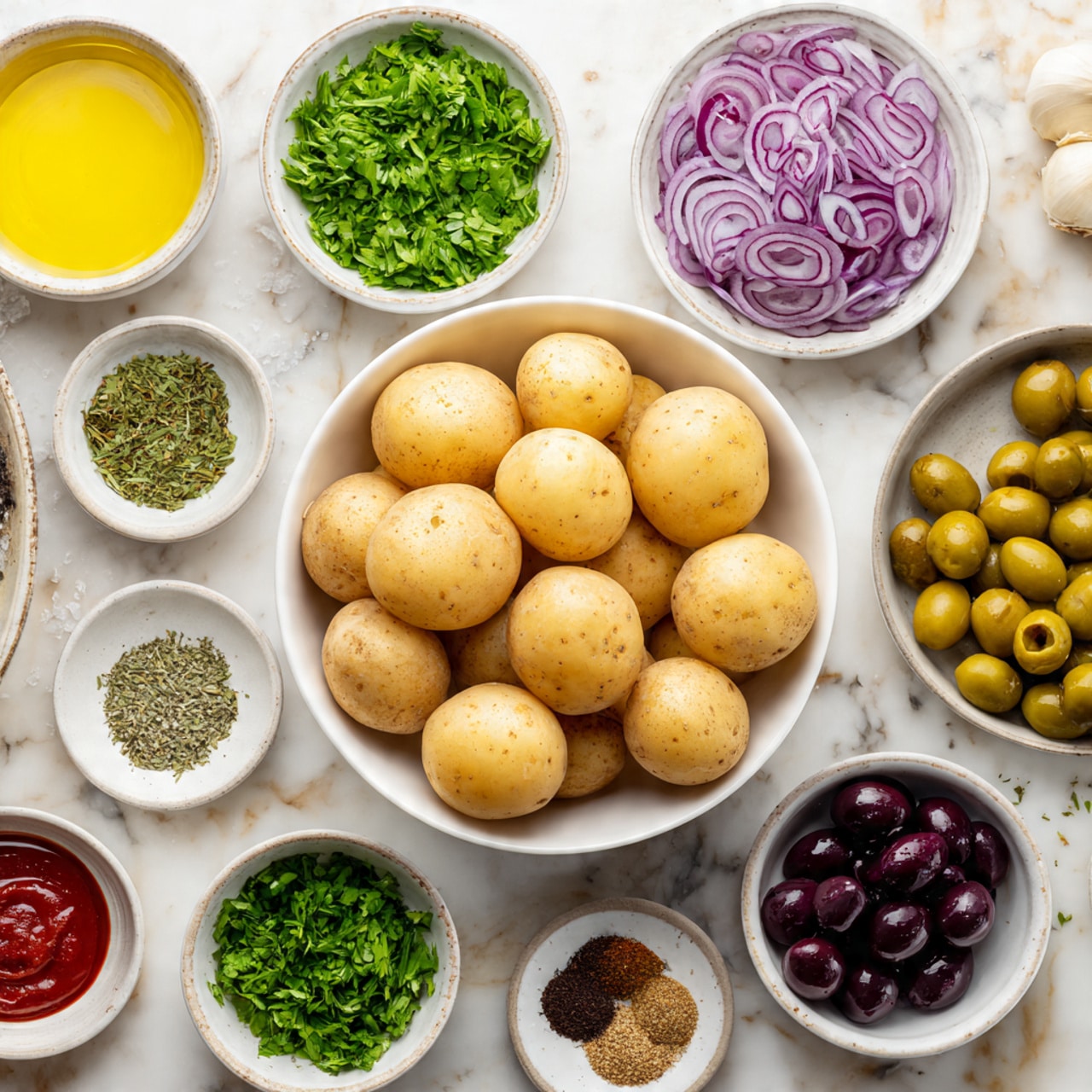 The image shows a white bowl in the center filled with eight light brown potatoes, smooth and clean-skinned. Around this bowl are ten smaller white bowls arranged on a white marbled surface. The bowls contain various ingredients: chopped purple onions, sliced green onions, chopped fresh green parsley, dark purple olives, minced garlic, ground black pepper, salt, dry herbs, yellow mustard, red liquid vinegar, and golden yellow oil. The colors are fresh and natural, and all items are neatly placed for easy access. photo taken with an iphone --ar 4:5 --v 7