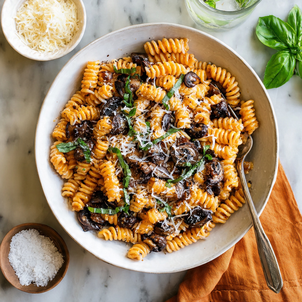 A white bowl holds a serving of orange-colored creamy pasta with short, ridged, spiral-shaped noodles layered with small pieces of dark brown mushrooms and sprinkled with finely chopped green herbs and grated white cheese. Around the bowl, on a white marbled surface, there is a small white bowl filled with shredded white cheese in the top left, a small bowl with coarse white salt to the bottom left, and a glass of iced water to the top right. An orange cloth napkin is placed next to the bowl on the lower right side, and a silver fork rests behind the bowl near a green basil leaf. Photo taken with an iphone --ar 4:5 --v 7