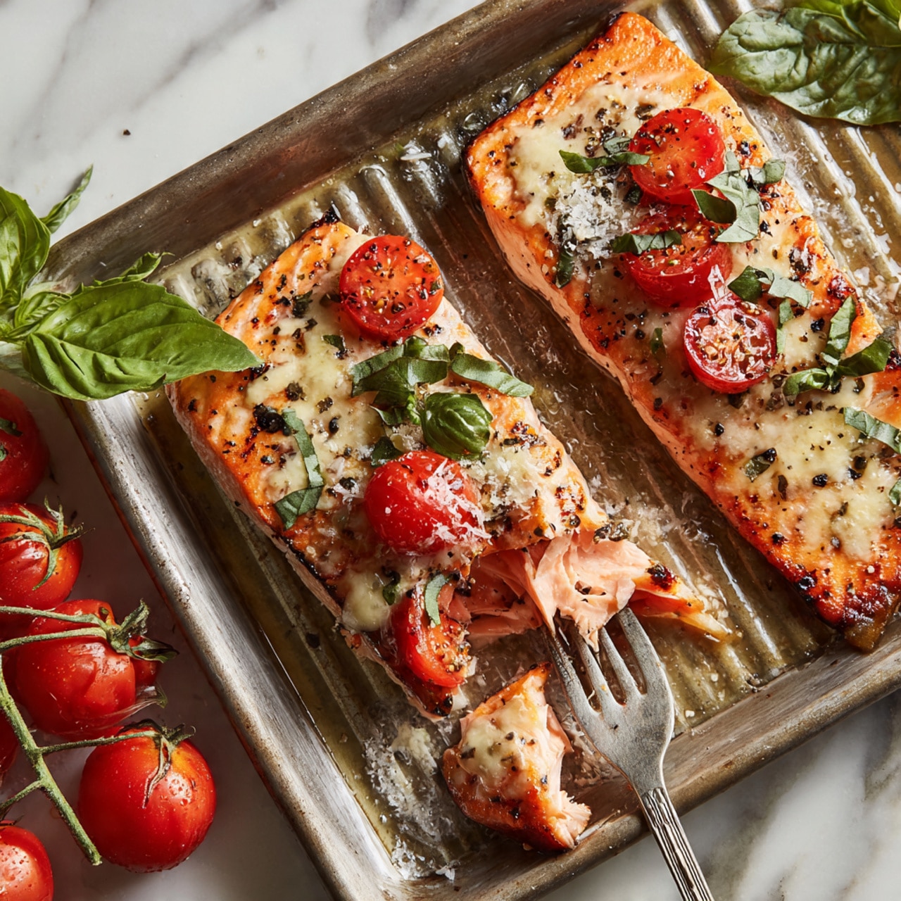 The image shows two pieces of cooked salmon fillets on a metal tray with grill marks. The salmon has a shiny orange color and is topped with small pieces of melted cheese, slices of red tomatoes, fresh green basil leaves, and black pepper. One piece of salmon is slightly broken apart by a fork, showing its soft, flaky texture inside. To the left of the salmon, there is a small bunch of whole red tomatoes still on the vine. The scene has a fresh and vibrant look, set on a white marbled surface. photo taken with an iphone --ar 4:5 --v 7
