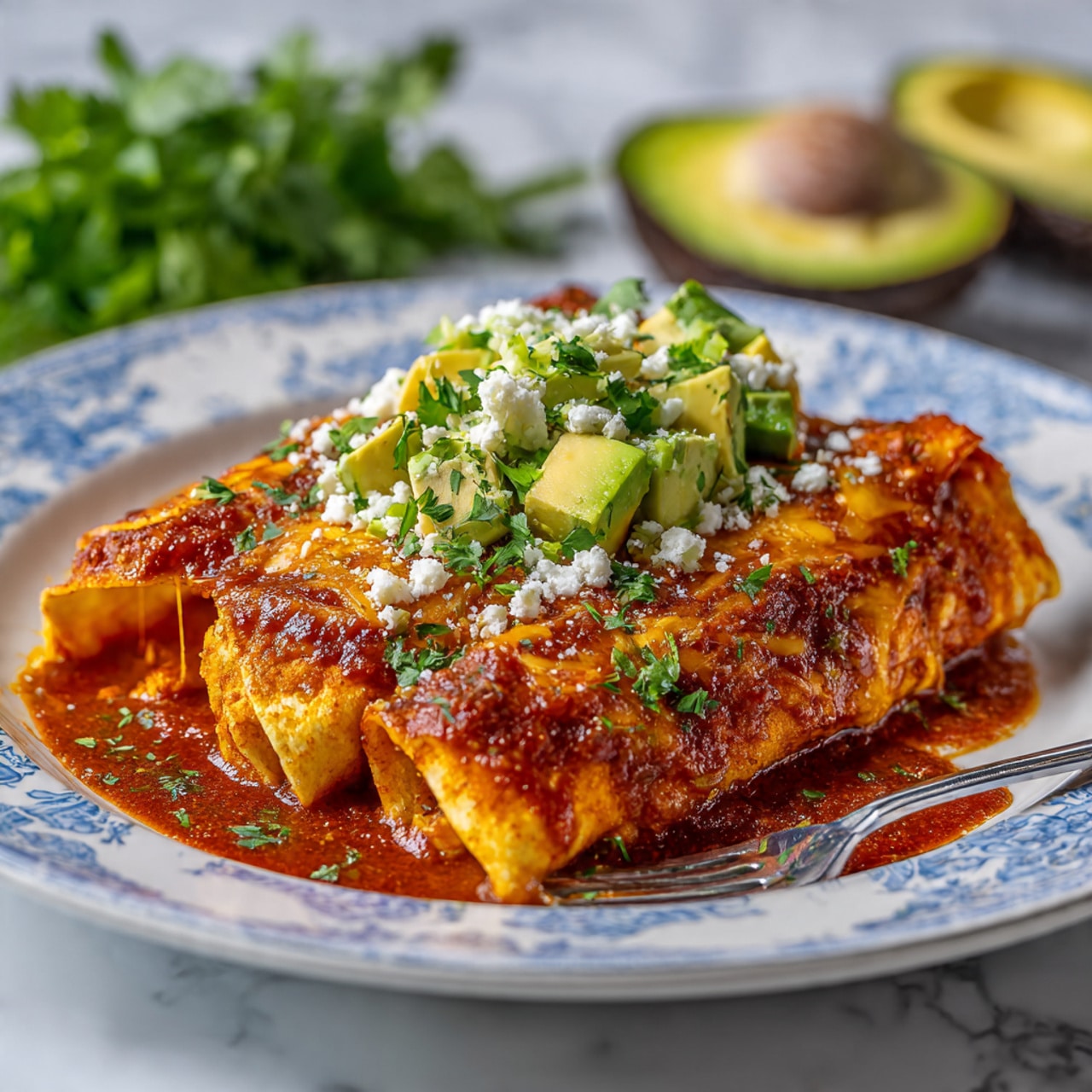 Two enchiladas lie side by side on a white plate with a light blue pattern. Each enchilada is covered in red sauce and melted cheese that looks soft and golden. The top layer has green slices of avocado and small white cheese crumbles scattered over it. There is also a sprinkle of thin green onion rings and small cilantro leaves on top. The enchiladas appear thick with visible sauce spilling slightly on the plate’s edge. A fork holds a piece of the enchilada with melted cheese stretching on the left side. The plate sits on a white marbled surface with a halved avocado and some cilantro nearby. photo taken with an iphone --ar 4:5 --v 7