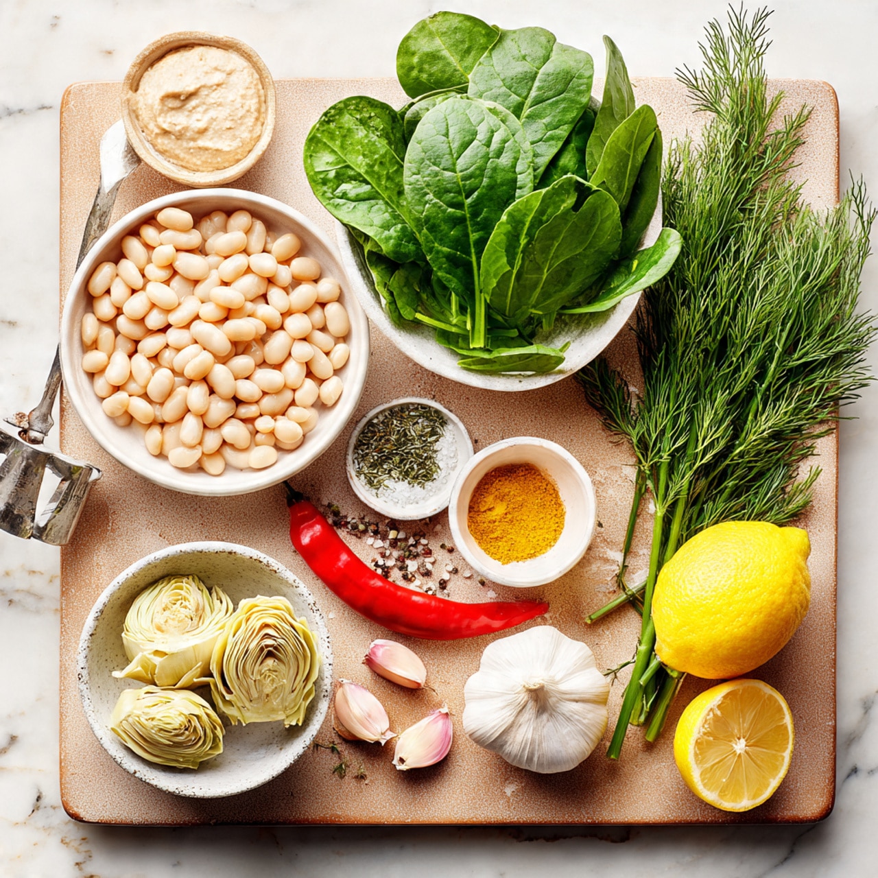 The image shows a top view of fresh cooking ingredients neatly arranged on a tan cutting board placed on a white marbled surface. On the left side, there is a white bowl filled with pale beige beans. Above that, a small bunch of fresh green spinach leaves is held by a metal handle. To the right are two small white bowls, one with a light brown paste, and the other with a mix of yellow powder, dried herbs, and salt. Next to these bowls is a vibrant red chili pepper lying horizontally. On the right side of the cutting board, a bright yellow lemon sits next to a bundle of fresh green dill and chives. Below them are four peeled garlic cloves and a small bulb of shallot with light purple skin. Finally, a white bowl containing soft, pale yellow artichoke hearts with a few seasoning specks is placed near the bottom right corner. Photo taken with an iphone --ar 4:5 --v 7