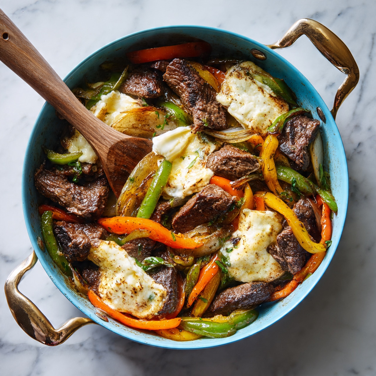 A light blue pan with a shiny gold handle holds cooked dark brown beef pieces mixed with chopped green, orange, and yellow bell peppers and onions. On top, there are several melted slices of creamy white cheese, soft and slightly bubbling. A wooden spatula is partly visible inside the pan, lifting some of the mixture. The pan sits on a white marbled surface. Photo taken with an iphone --ar 4:5 --v 7