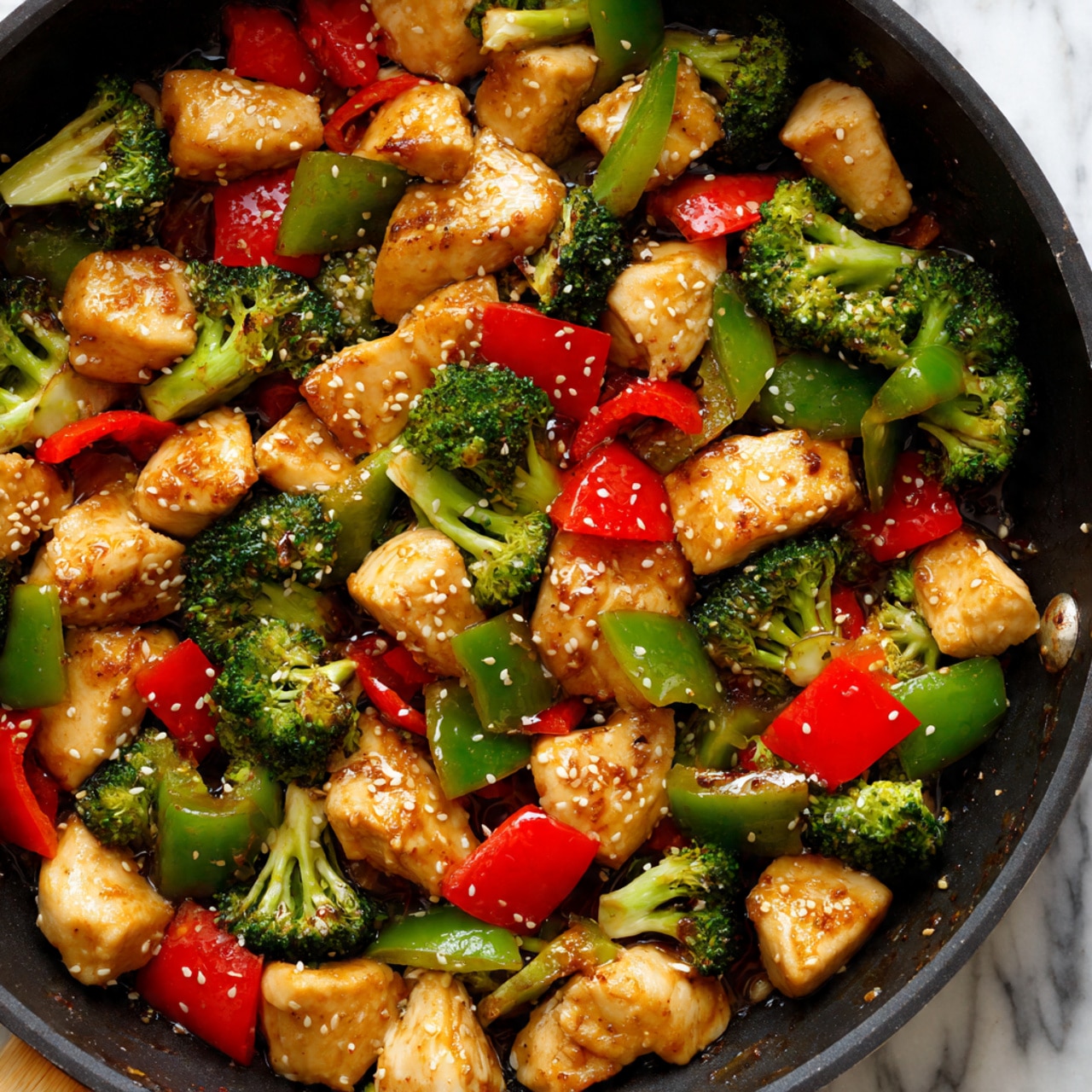 The image shows a black pan filled with cooked chicken pieces, green and red bell pepper chunks, and broccoli florets mixed together. The chicken pieces are golden brown and slightly shiny from sauce, with some sesame seeds sprinkled on top. The green bell peppers have a soft texture and rich green color, while the red bell peppers add bright red pops. The broccoli florets are bright green and appear lightly cooked. The pan sits on a white marbled surface. photo taken with an iphone --ar 4:5 --v 7