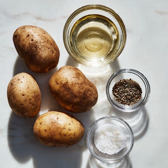 The image shows four large, unpeeled russet potatoes with a rough brown skin placed on a white marbled surface. To their right, there are three clear glass bowls arranged vertically. The top bowl holds a colorless liquid, likely oil, the middle bowl contains a mix of coarse black and white pepper, and the bottom bowl has white salt crystals. The scene is simple and clean with soft natural lighting, emphasizing the natural texture of the potatoes and the clarity of the glass bowls. Photo taken with an iphone --ar 4:5 --v 7