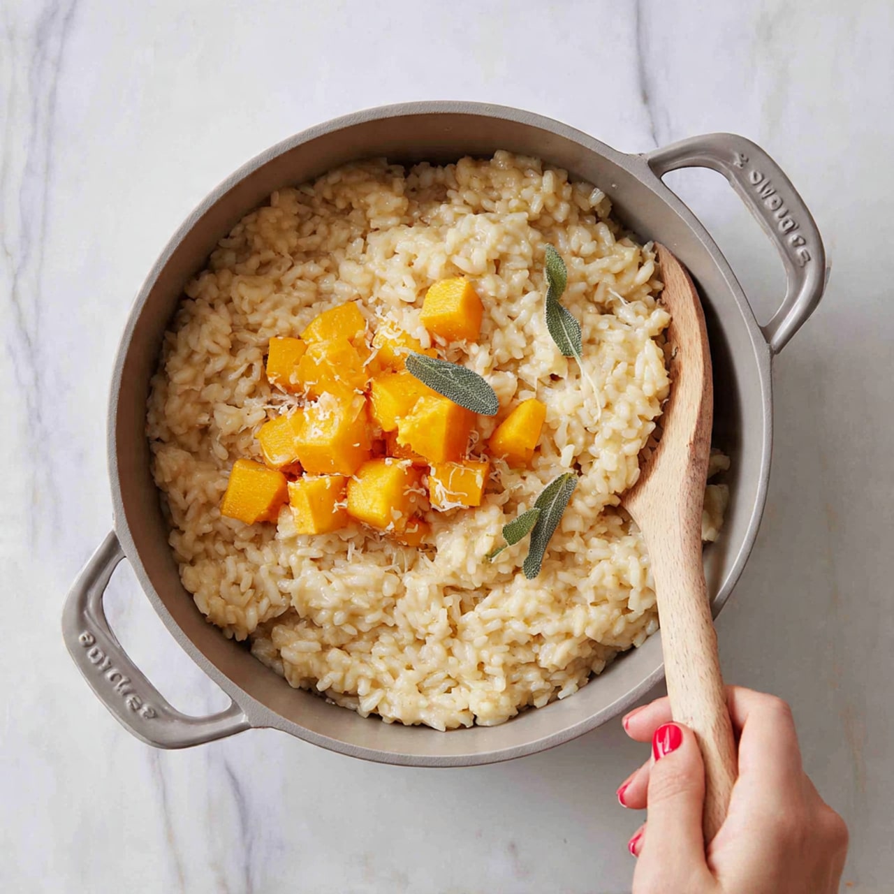 A woman’s hand with red nail polish holds a grey cooking pot filled with creamy orange risotto. In the middle, there is a small pile of bright orange roasted cubes topped with a few light shavings and green sage leaves. A light wooden spatula rests inside the pot on the right side. The pot is against a white marbled surface. photo taken with an iphone --ar 4:5 --v 7