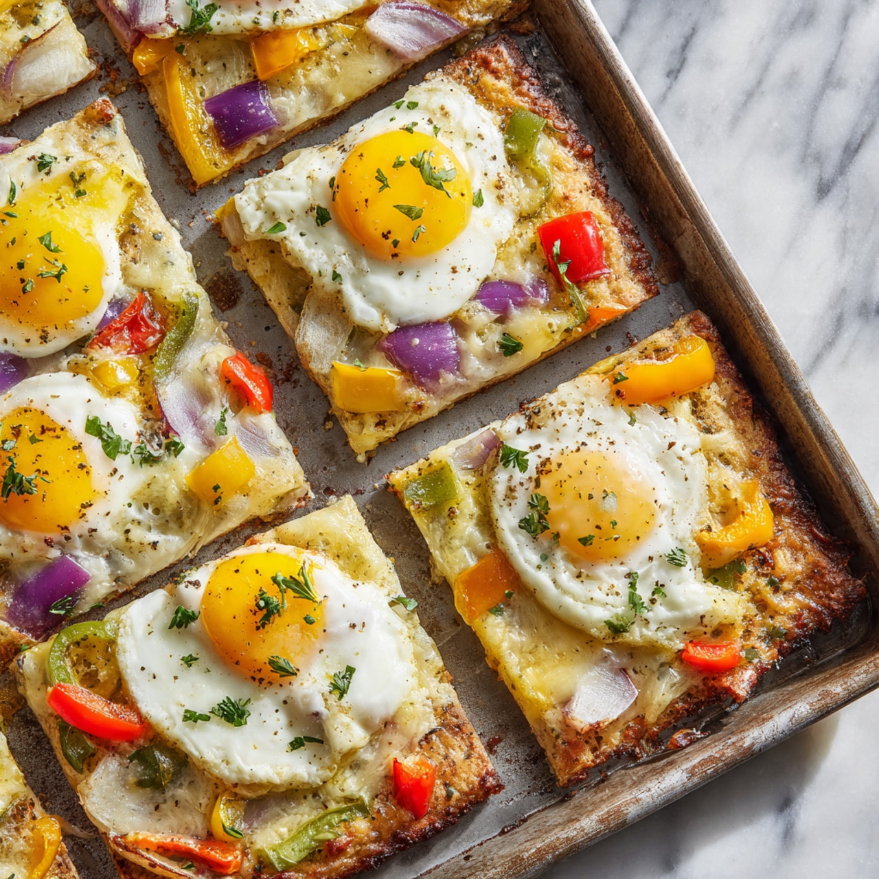 The image shows six rectangular pieces of a baked dish arranged on a baking tray over a white marbled surface. Each piece has layers starting with a light golden crust at the bottom, topped with a white layer of cooked egg whites. On top of this, each piece has a bright yellow egg yolk in the center. Scattered around the yolk are small colorful chunks of red, green, orange, and purple vegetables, mixed with melted yellow cheese. The dish is sprinkled with small green herbs for decoration. The texture looks soft on top with a firm crust at the bottom. Photo taken with an iphone --ar 4:5 --v 7