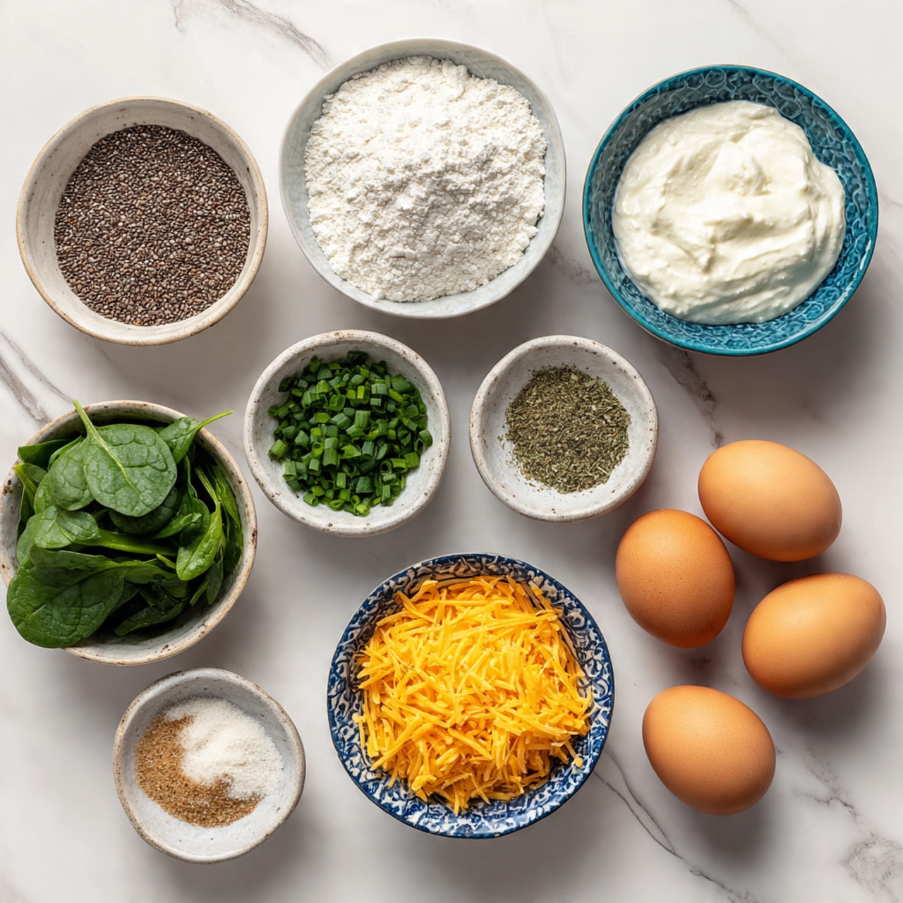A top-down view of several small white bowls with colorful ingredients arranged neatly on a white marbled surface. Starting from the top left, a bowl holds dark brown chia seeds with a rough texture. Next to it is a smaller bowl filled with white baking powder that looks powdery and soft. To the right, another bowl contains thick and creamy white Greek yogurt. Below the chia seeds are three separate piles of seasoning in a patterned bowl: off-white salt flakes, light brown garlic powder, and green dried oregano. Beside it, a smaller bowl holds chopped bright green chives. In the center left, a bowl contains fresh dark green spinach leaves with a leafy texture. To the right of the spinach is shredded cheddar cheese in a bowl, showing its bright orange color and fine strands. Below the spinach is a blue patterned bowl filled with white gluten-free all-purpose flour, appearing soft and powdery. Finally, in the bottom right corner, a bowl contains four whole brown eggs with smooth shells. Photo taken with an iphone --ar 4:5 --v 7