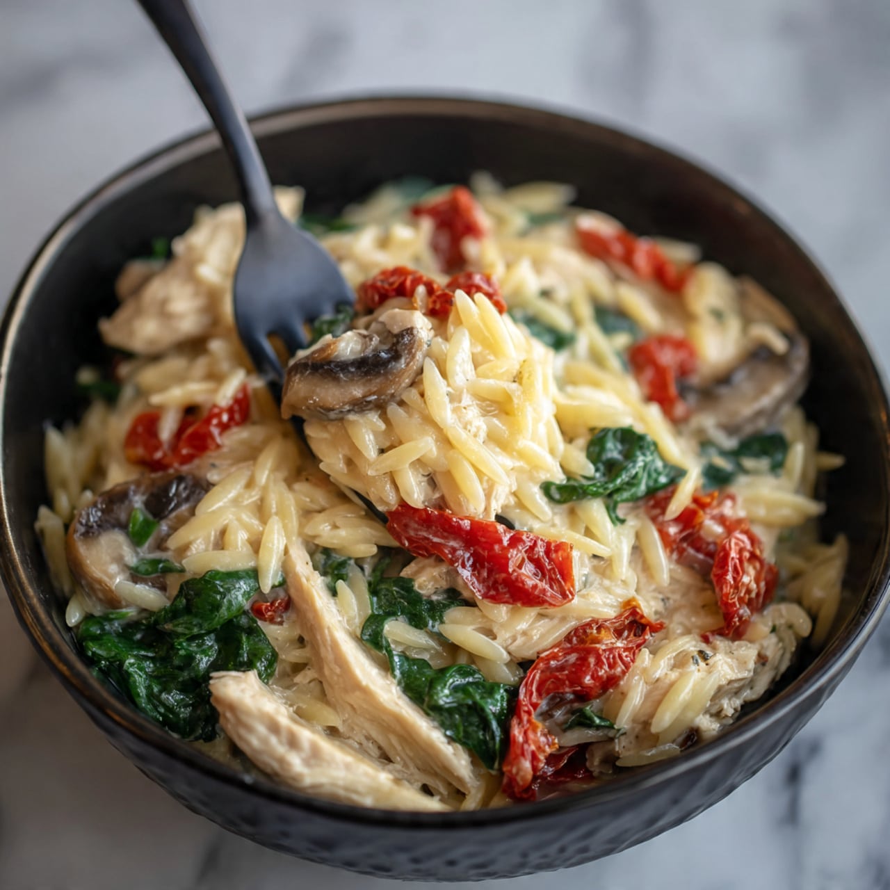 A close-up view of a black bowl filled with a creamy orzo pasta dish. The orzo pasta is light yellow and mixed with pieces of white chicken, wilted dark green spinach leaves, brown sliced mushrooms, and small bits of red sun-dried tomatoes. A black fork is placed inside the bowl, partly lifting some of the pasta and ingredients. The bowl rests on a surface with a white marbled texture. photo taken with an iphone --ar 4:5 --v 7