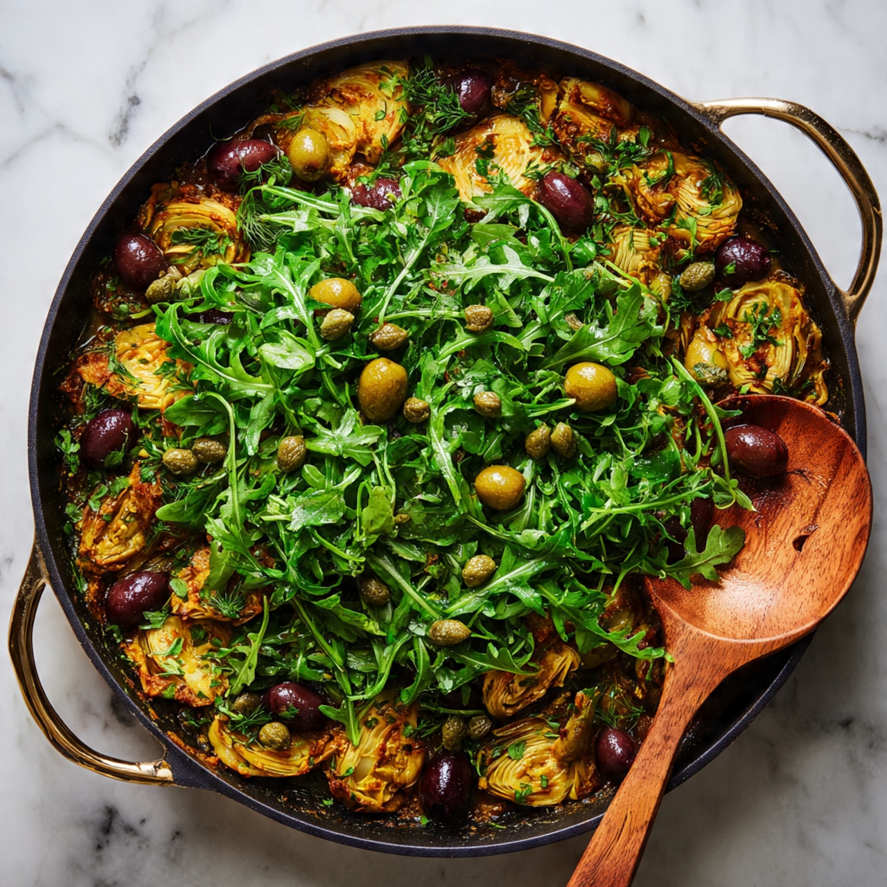 The dish shows a black pan filled mostly with fresh green arugula leaves piled high in the center, with small, round green capers sprinkled on top. Below the arugula, layers of dark purple or black olives and light beige slices of what looks like cooked artichokes or another vegetable can be seen peeking through. A wooden spoon rests on the right side of the pan, partially under the arugula. The background is a white marbled surface. Photo taken with an iphone --ar 4:5 --v 7