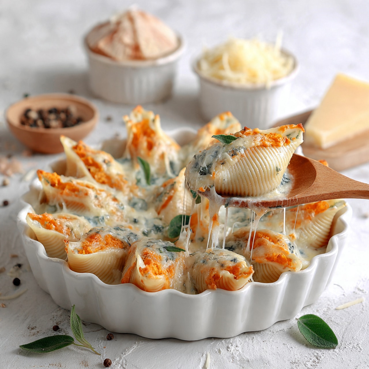 A white scalloped dish filled with baked pasta shells, each stuffed with an orange filling, layered with melted creamy white cheese that has a slightly browned and bubbly texture on top, garnished with small green herb leaves scattered over the dish. A wooden spoon lifts some pasta shells from the dish, showing the soft, cheesy inside. The dish is placed on a white marbled surface, with two smaller white bowls nearby—one holding shredded cheese with specks of seasoning, and the other with slices of cheese sprinkled with herbs. photo taken with an iphone --ar 4:5 --v 7