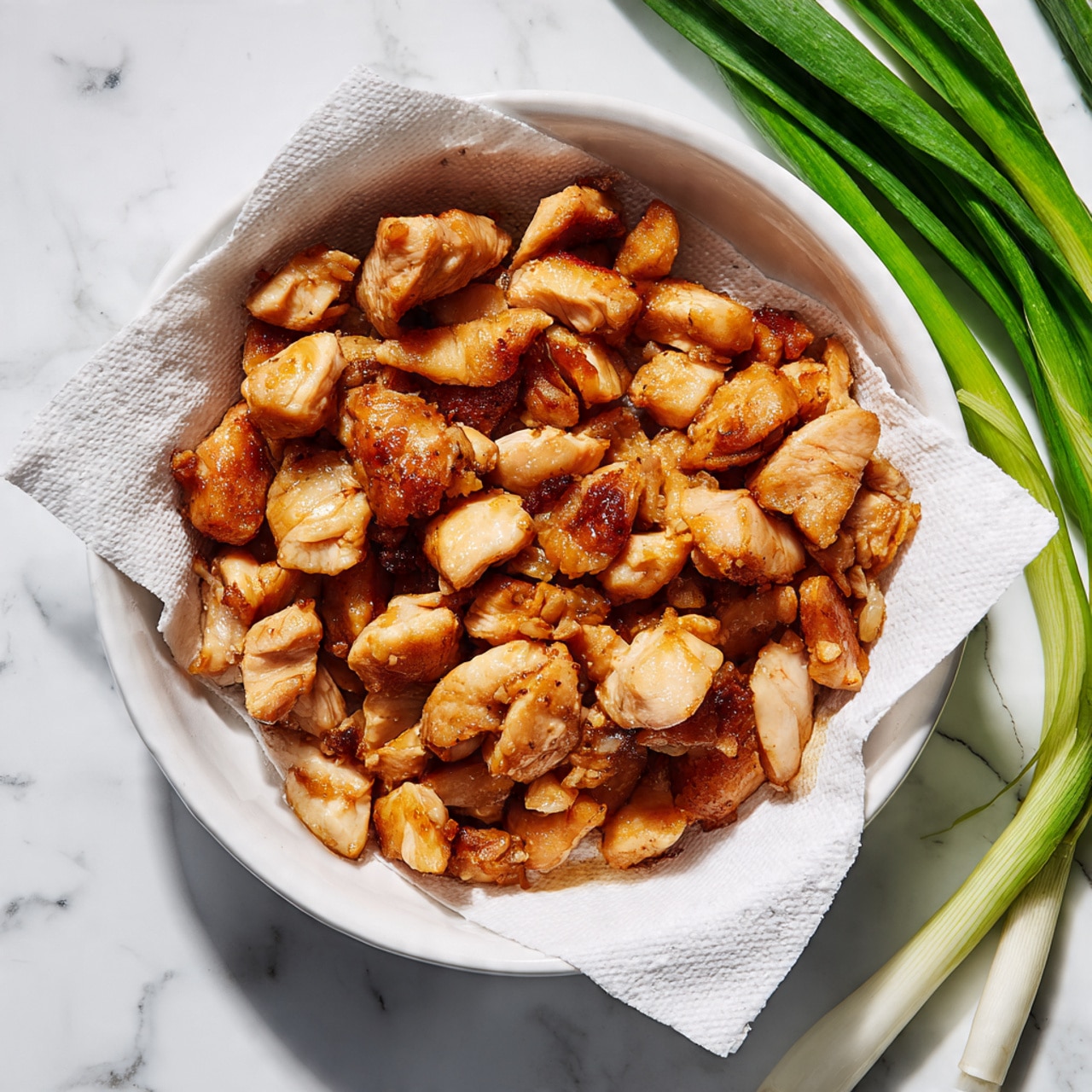 A white bowl lined with white paper towels holds many small, golden-brown pieces of cooked chicken with a slightly shiny surface, showing a mix of light and darker brown areas. The bowl sits on a white marbled surface, and on the top right corner in the background, several green onion stalks lie horizontally with fresh, vibrant green color and smooth texture. photo taken with an iphone --ar 4:5 --v 7