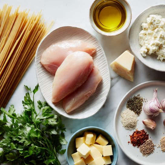 The image shows a flat lay of cooking ingredients on a white marbled surface. At the center, there is a white oval plate with two pieces of raw pale pink chicken on it, with a ribbed texture on the plate. To the left, a bundle of uncooked long beige pasta sticks lie flat. Below the chicken is a bunch of fresh green parsley with bright leaves. At the bottom right, there is a small white bowl filled with light yellow cubed butter, next to a clear glass bowl containing golden oil. Above the butter, a blue-gray bowl holds a creamy white cheese with a soft texture. To the right of the chicken plate, a wedge of pale yellow hard cheese is placed vertically. At the top right, a white plate displays five garlic cloves with purplish-pink skin, a small heap of brown seeds, a small pile of black pepper, a bright red spice, and a sprinkle of white salt. Lastly, in the top left corner, there is a white ceramic jug filled with water. photo taken with an iphone --ar 4:5 --v 7