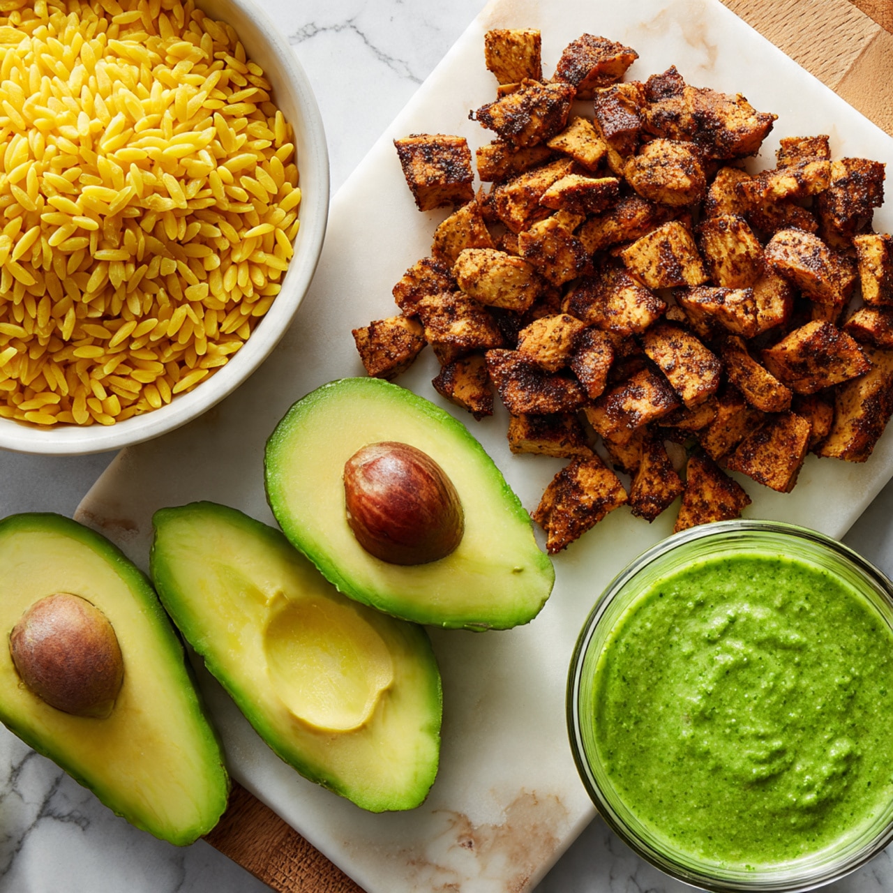 The image shows a close-up view of grilled, browned pieces of chicken on the top right, arranged in a slightly scattered pile on a white marbled cutting board. Below the chicken lie four avocado halves with bright green flesh and dark skin; two have seeds, and two are seedless. On the left side, there is a white bowl filled with yellow orzo pasta, positioned partially out of the frame. In the bottom right corner, a glass container holds a vibrant green sauce with a smooth texture. All items are placed on a white marbled surface. Photo taken with an iphone --ar 4:5 --v 7