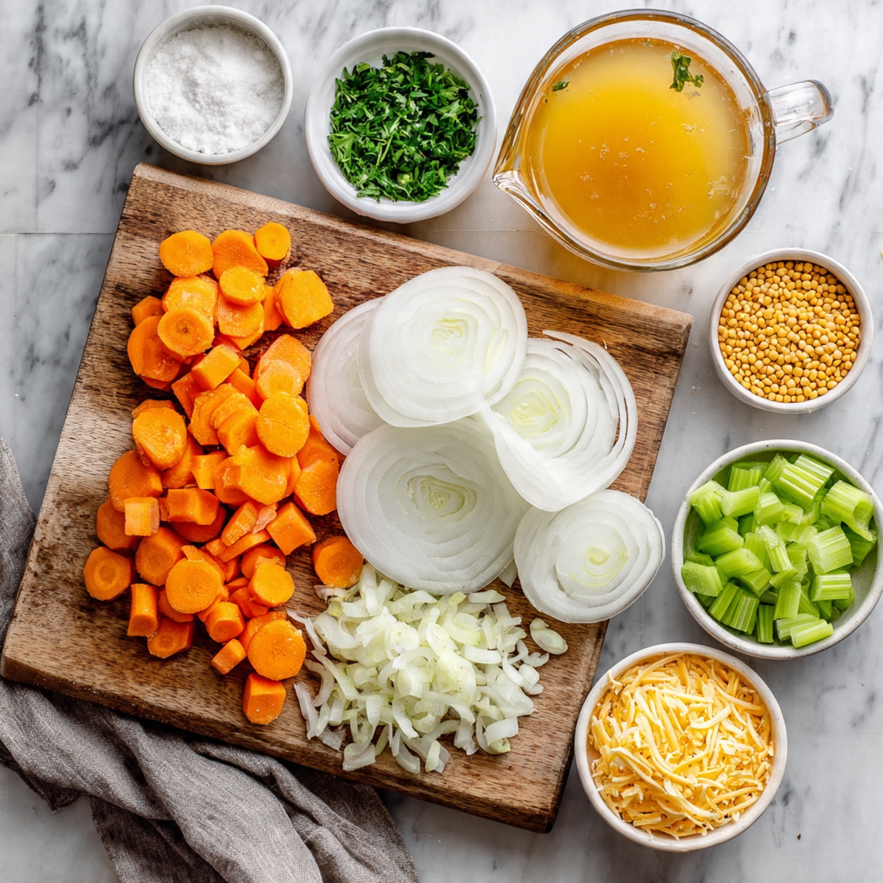 The image shows a light brown cutting board on a white marbled surface with three types of vegetables sliced and placed on it: orange carrot rounds and chunks on the left, thick white onion rings and rounds in the center and top, and small green celery pieces on the bottom right. To the top right of the cutting board is a small white bowl filled with chopped green herbs. Above the board is a glass measuring cup filled with golden broth. Surrounding the board are four small bowls: one with white salt to the top left, a small white bowl with shredded cheese below it, and a larger white bowl filled with small yellow grains near the bottom left. Photo taken with an iphone --ar 4:5 --v 7