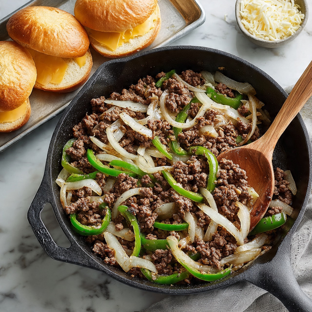 A close-up of a black skillet filled with cooked ground meat mixed with sautéed light beige onion slices and green bell pepper strips, stirred with a wooden spoon inside the pan. In the background, there are four toasted sandwich bun halves with melted white cheese on a metal tray. The whole scene is set on a white marbled textured surface. photo taken with an iphone --ar 4:5 --v 7