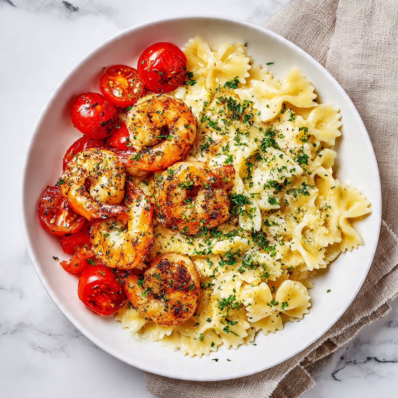 A white bowl holds a dish with three layers: the bottom layer is creamy white bow tie pasta, soft and smooth; the middle layer has several bright orange shrimp with a light seasoning of green herbs scattered on top; the top layer includes a few shiny red cherry tomatoes placed around the shrimp. The bowl sits on a white marbled surface with a beige cloth nearby. The whole presentation looks fresh and colorful with a contrast between creamy, orange, and red tones. Photo taken with an iphone --ar 4:5 --v 7