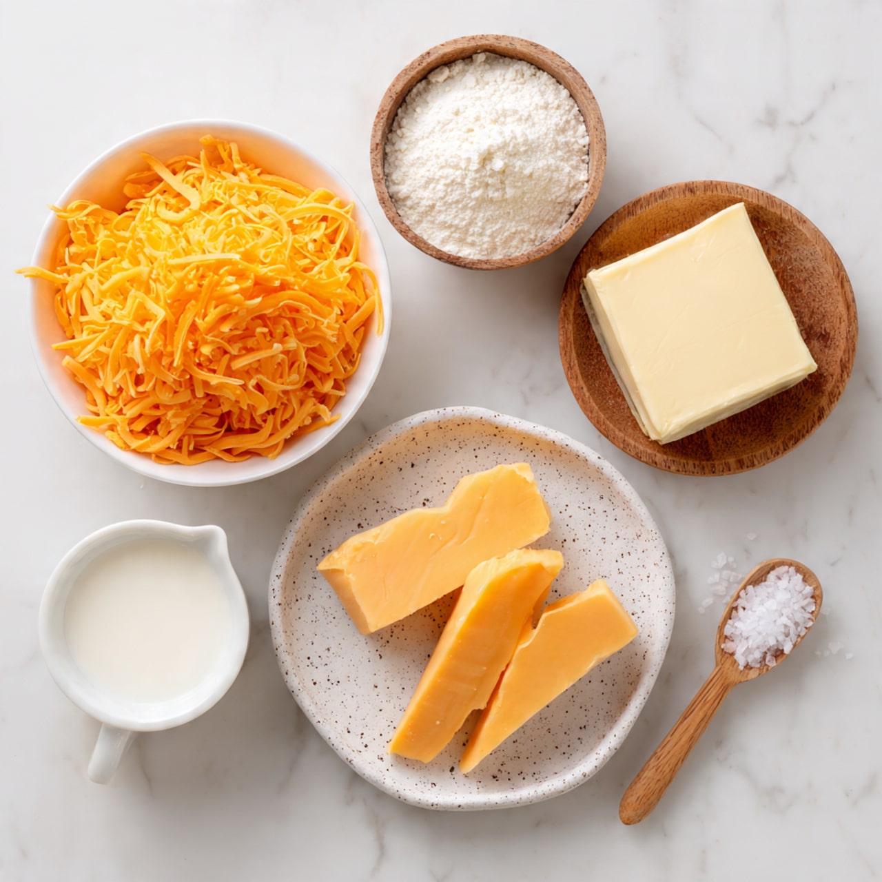 A top view of several small white bowls and a plate arranged on a white marbled surface, each containing different ingredients: a large bowl filled with bright orange shredded cheddar cheese, a small bowl with white flour, another small bowl holding a square piece of pale yellow salted butter, a white speckled plate with two slices of smooth, light orange American cheese, a small bowl of white whole milk, and a tiny wooden spoon holding a small pile of white salt, all neatly spread out and well-lit. photo taken with an iphone --ar 4:5 --v 7