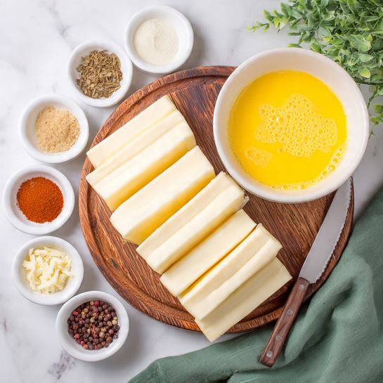 A wooden cutting board holds several long, white cheese sticks arranged neatly with a knife beside them. Above the board, a white bowl contains a bright yellow beaten egg mixture with bubbles on top and a spoon resting inside. Surrounding the board and bowl, multiple small white bowls and dishes hold different spices and sauces in varied colors, including a light brown sauce and darker spices, placed on a white marbled surface. A soft green cloth is beneath the bowl with the egg mixture, and a blurry green plant is visible in the top right corner. photo taken with an iphone --ar 4:5 --v 7