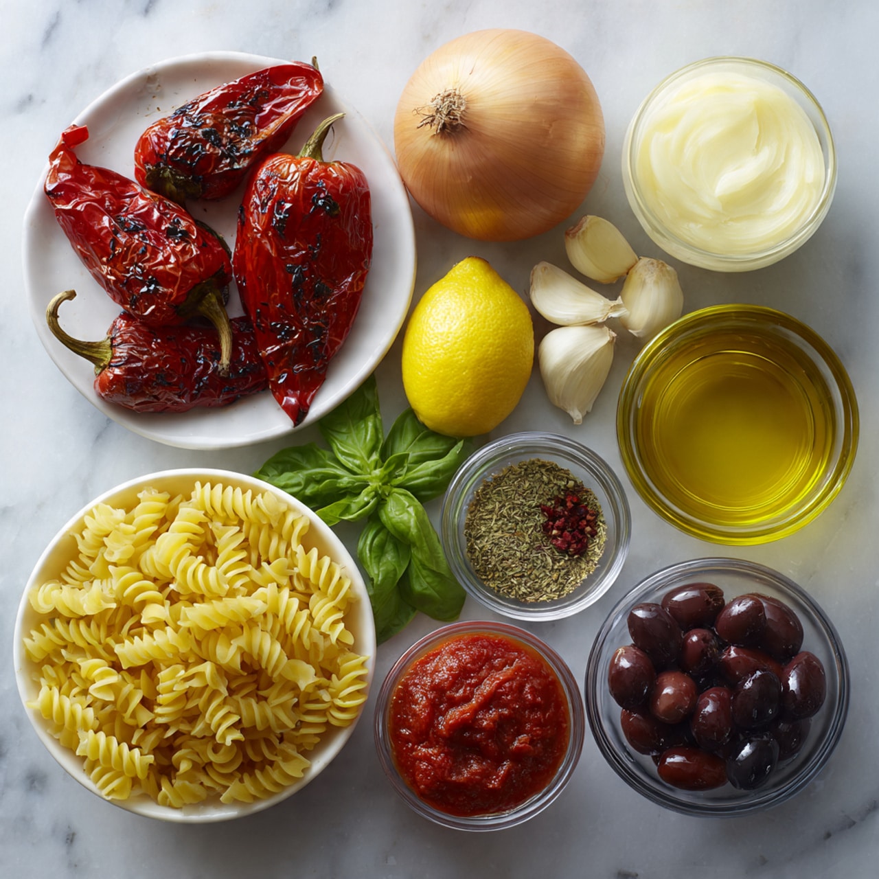 The image shows various ingredients laid out neatly on a white marbled surface. At the top left, there is a white plate with three roasted red bell peppers, showing a slightly wrinkled texture and some charred black spots. To the right is a whole brown/yellow onion with smooth, shiny skin. Further right is a clear glass cup filled with a creamy white liquid. Below the onion are small clear glass bowls, one holding dark red chili flakes and another with dried green oregano. Next to them are three garlic cloves with pale, papery skin. In the middle left, there is a shiny yellow lemon with a smooth skin. Below it is a bunch of fresh green basil leaves with small stems. Nearby is a small clear bowl filled with golden extra virgin olive oil. In the bottom left, a white bowl holds dried fusilli pasta with tightly coiled, yellow spirals. At the bottom center is a small white bowl with bright red tomato paste, smooth and thick. Finally, at the bottom right, a clear bowl contains dark purple to black Kalamata olives with a glossy texture. All items are spaced evenly. Photo taken with an iphone --ar 4:5 --v 7
