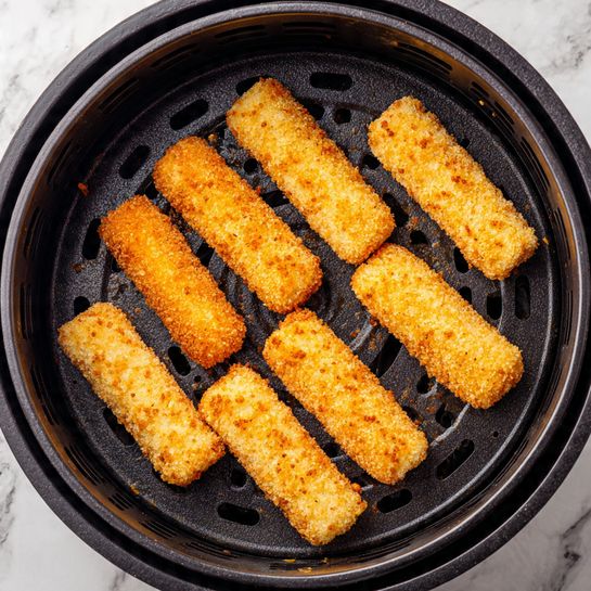 There are seven long, breaded sticks with a golden brown color and a rough, crumbly texture placed inside a black circular air fryer basket with hole patterns at the bottom. The sticks are evenly spread around the basket, resting on the dark surface. The image has a close-up view with soft lighting showing the crunchy coating on each stick. The background is a white marbled texture. photo taken with an iphone --ar 4:5 --v 7