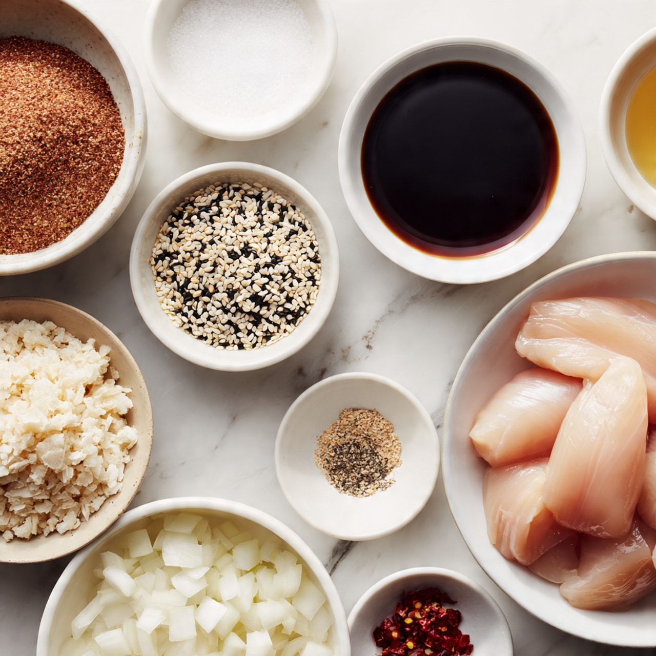 A white bowl at the bottom center holds several pinkish raw chicken fillet strips with a smooth texture; to the right of it is a smaller white bowl filled with small white onion pieces. Above the chicken are multiple small white bowls arranged in a semi-circle: on the left, a bowl with dark brown sugar that looks soft and crumbly; next to it a bowl with black and white sesame seeds showing a grainy texture; above that, a white cup filled with dark, almost black soy sauce with a smooth surface; a bowl with light golden toasted sesame seed oil with a shiny surface; a small bowl holding off-white rice vinegar or mirin with a clear, smooth look; a white dish with minced pale yellow garlic that appears soft; and a small bowl with salt and black pepper, showing a mixed texture. Between the brown sugar and the garlic is a small dish with red pepper flakes, fine and crumbly. All bowls sit on a white marbled surface. photo taken with an iphone --ar 4:5 --v 7
